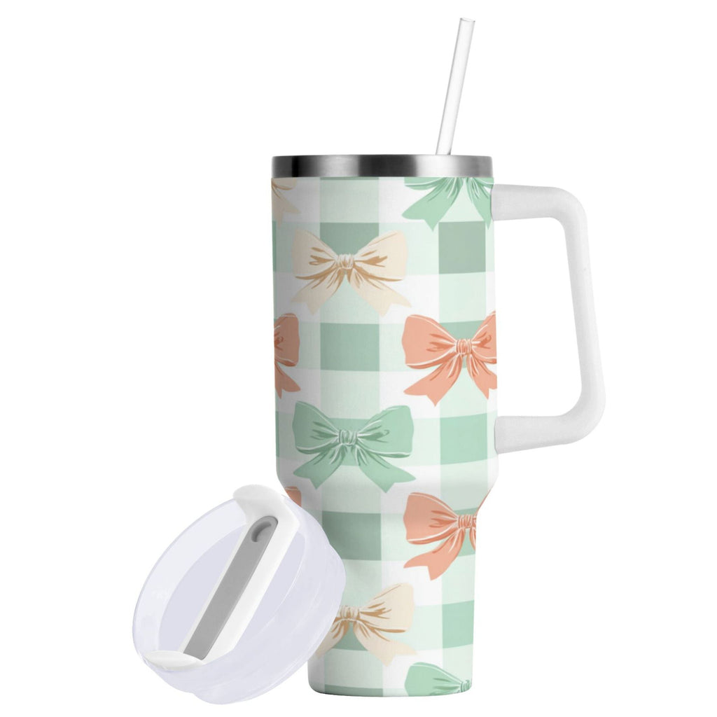 40 oz Insulated Stainless Steel Tumbler Double Wall Stainless Steel Tumbler with 2-Way Drinking Green and Peach Bow Pattern 85MI