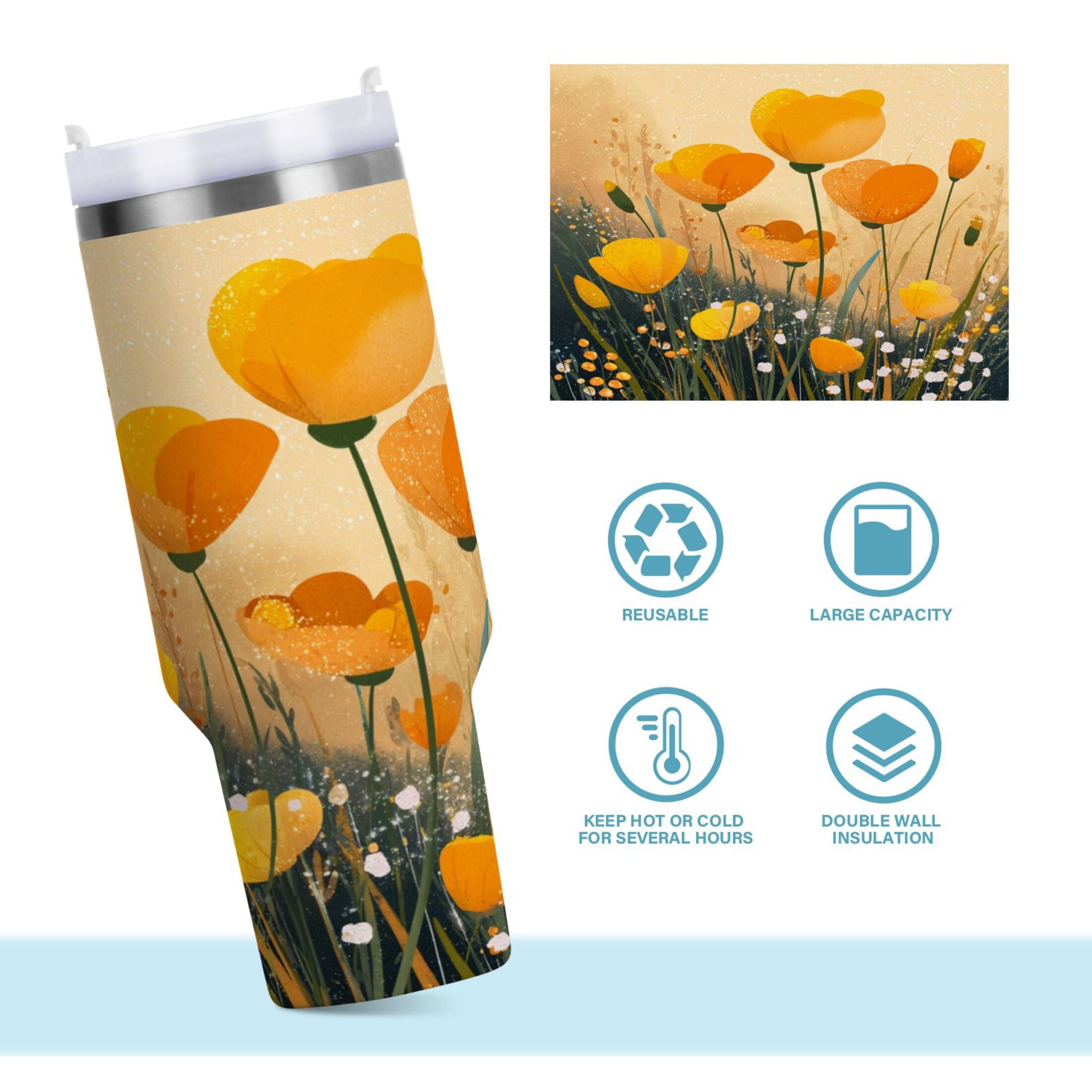 30 oz Insulated Stainless Steel Tumbler Double Wall Stainless Steel Tumbler with 2-Way Drinking Yellow Flowers on The Grass MRP1