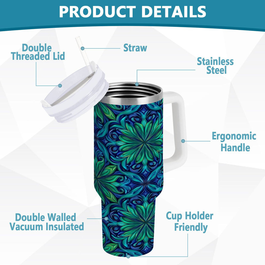 40 oz Insulated Stainless Steel Tumbler Double Wall Stainless Steel Tumbler with 2-Way Drinking Elegant Blue Traditional Patterns 99BN