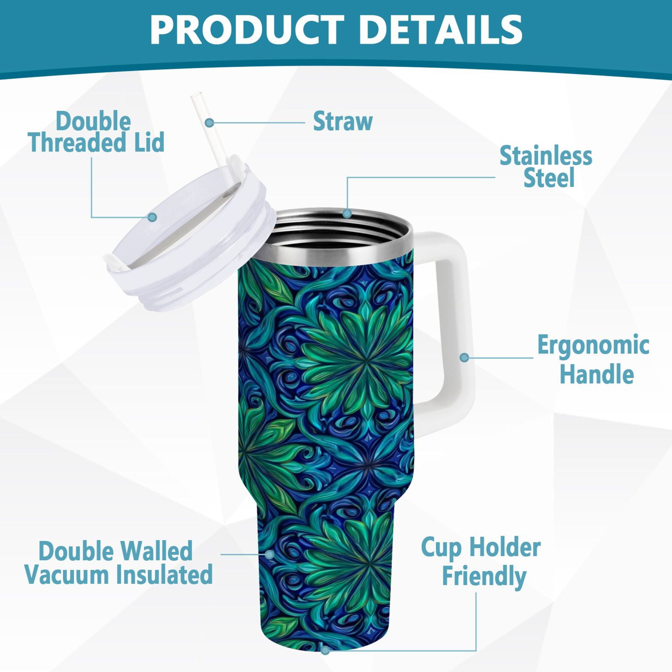 40 oz Insulated Stainless Steel Tumbler Double Wall Stainless Steel Tumbler with 2-Way Drinking Elegant Blue Traditional Patterns 99BN