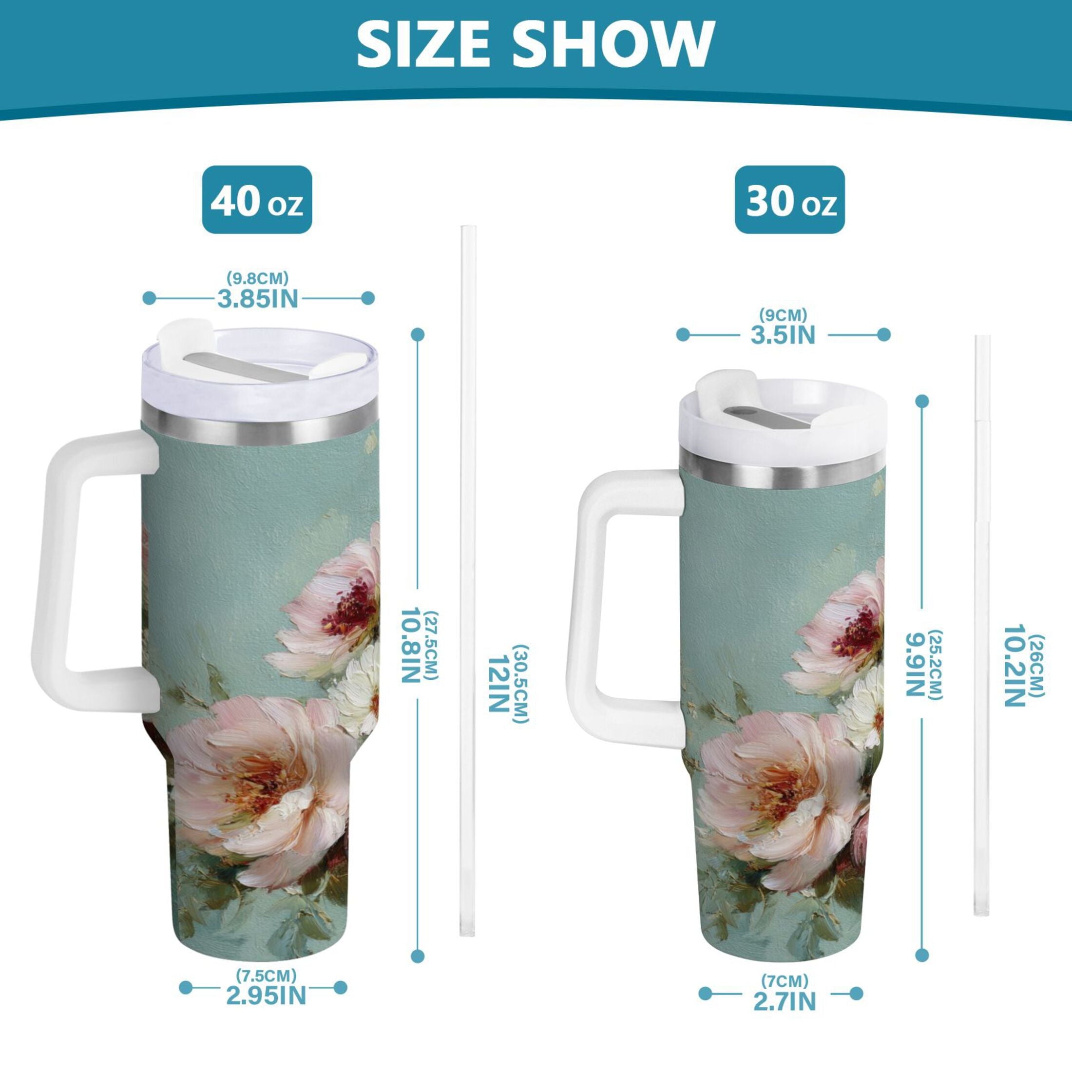40 oz Insulated Stainless Steel Tumbler Double Wall Stainless Steel Tumbler with 2-Way Drinking Vintage Peonies and Daisies 037B