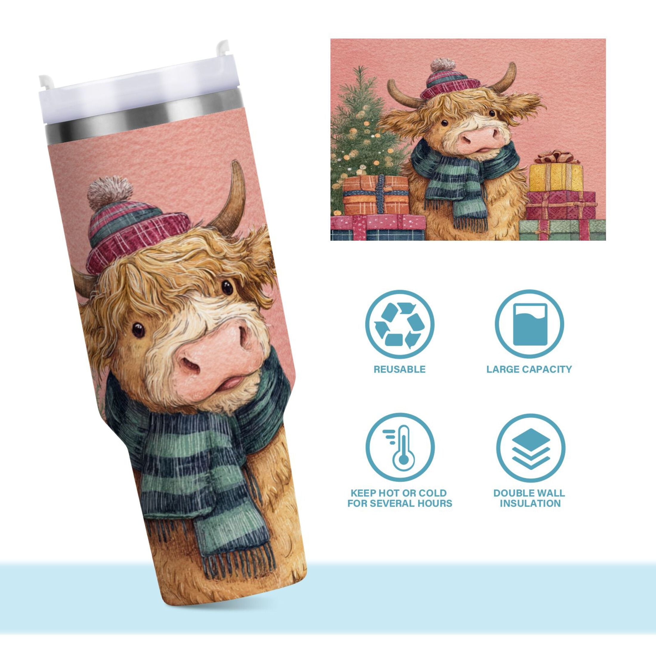 30 oz Insulated Stainless Steel Tumbler Double Wall Stainless Steel Tumbler with 2-Way Drinking Cow Wearing Scarf and Hat XMXO
