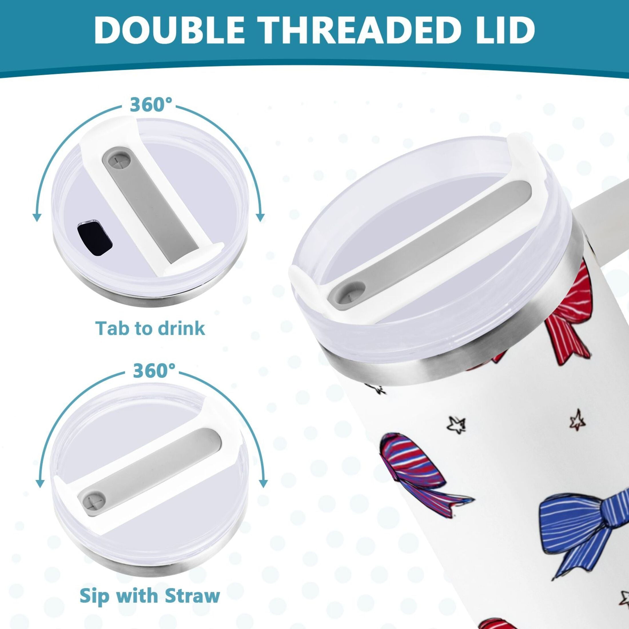 30 oz Insulated Stainless Steel Tumbler Double Wall Stainless Steel Tumbler with 2-Way Drinking Red and Blue Stripe Bows P1OE