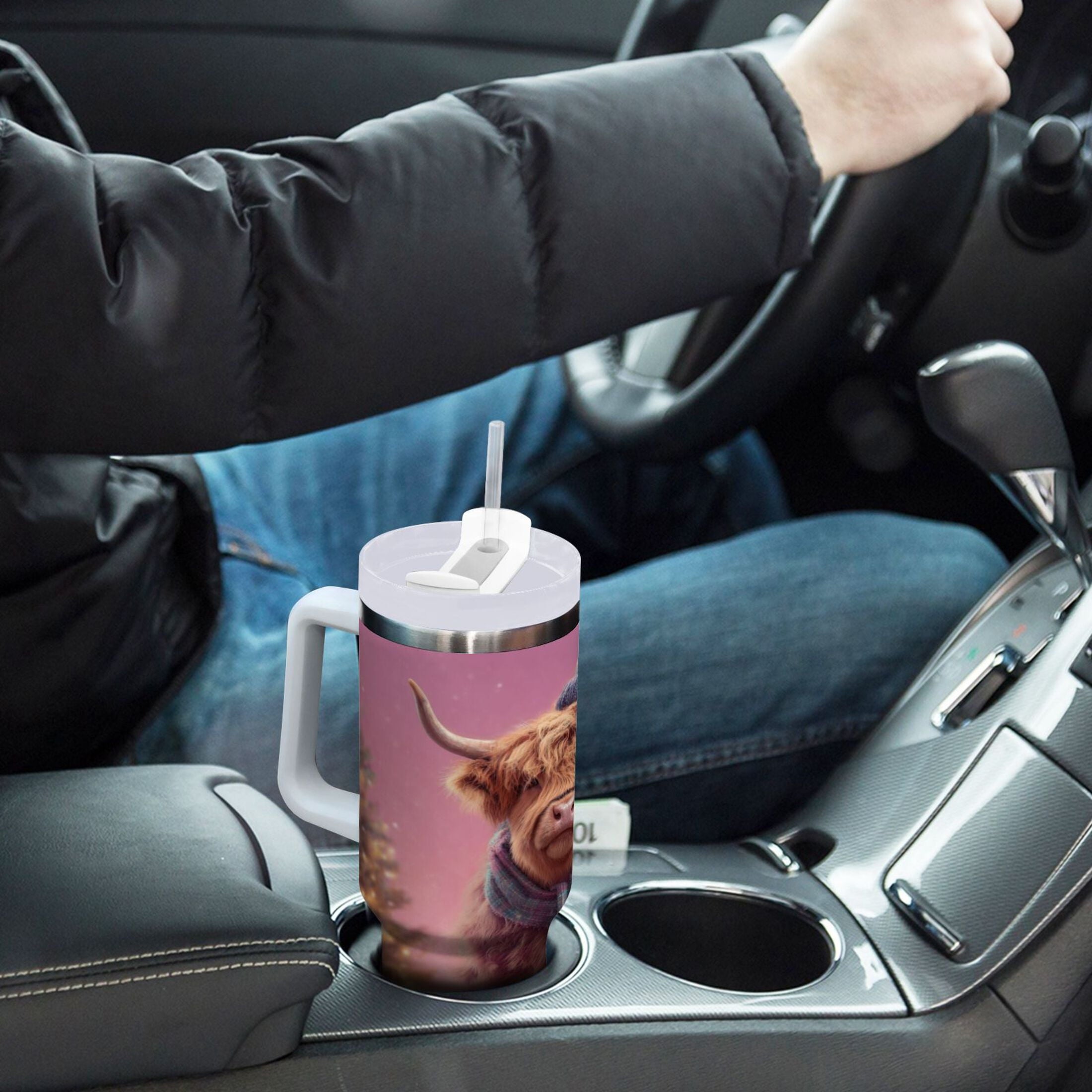 30 oz Insulated Stainless Steel Tumbler Double Wall Stainless Steel Tumbler with 2-Way Drinking Cow Wearing Christmas 34Q4