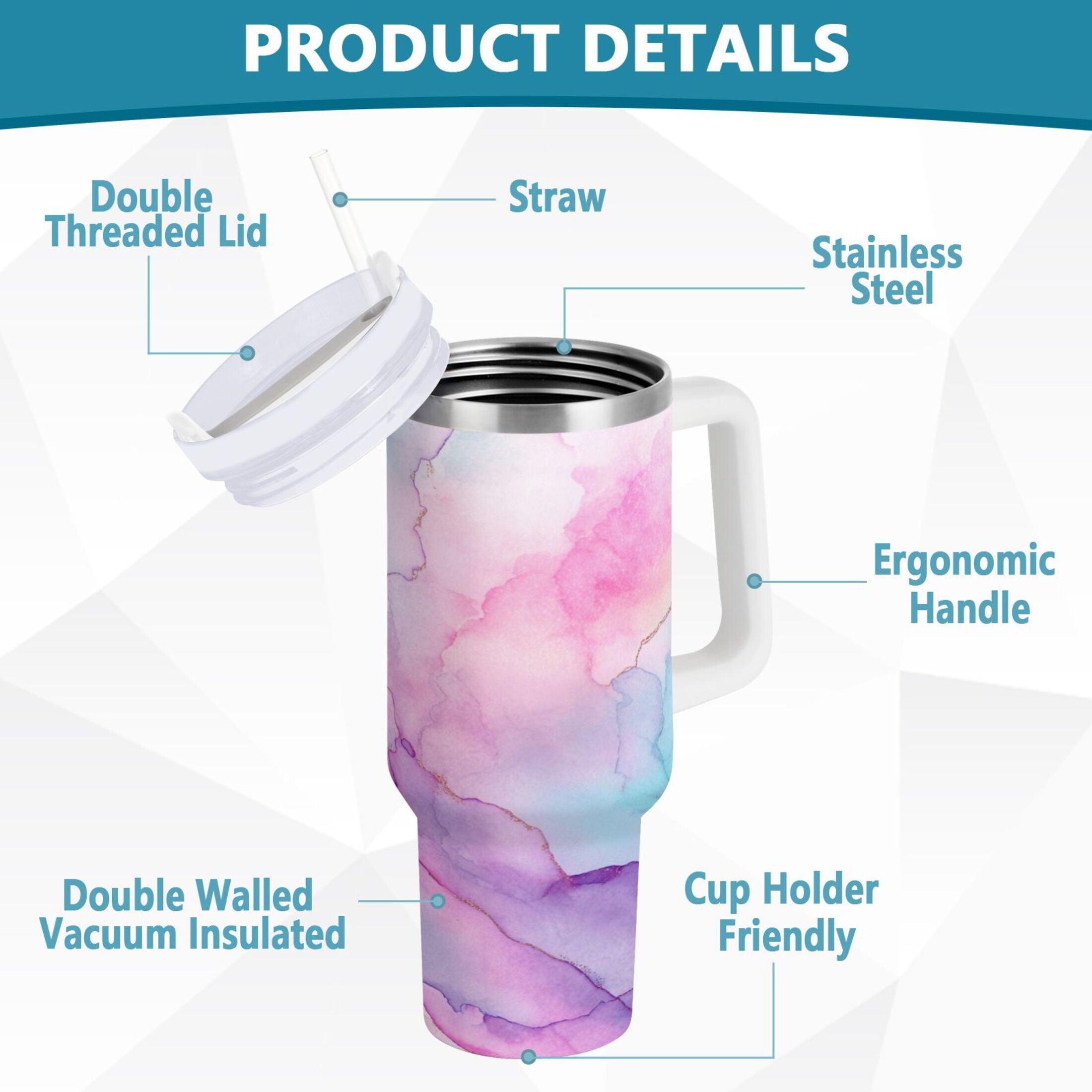 30 oz Insulated Stainless Steel Tumbler Double Wall Stainless Steel Tumbler with 2-Way Drinking Pastel Pink Marble Texture 9UPW
