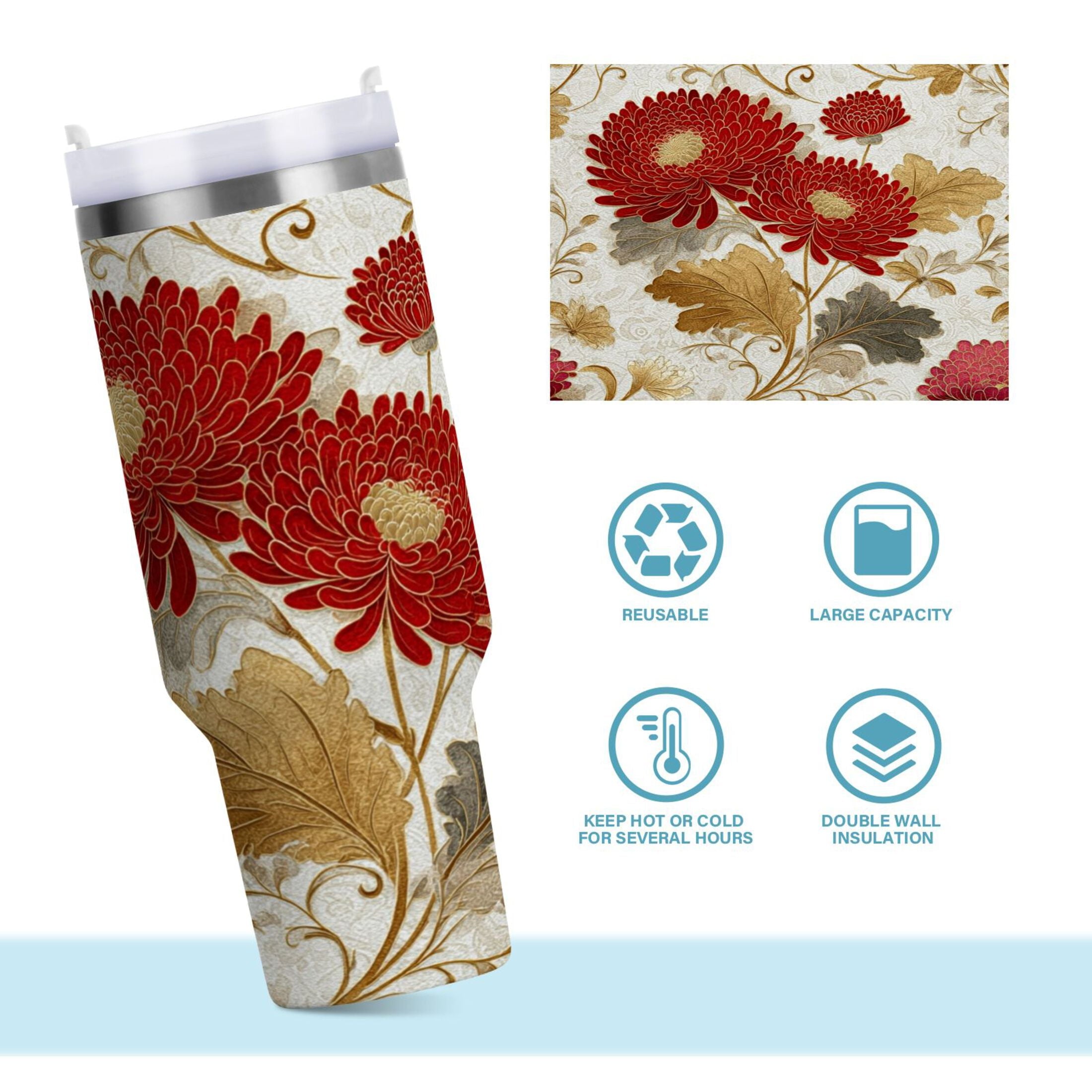 30 oz Insulated Stainless Steel Tumbler Double Wall Stainless Steel Tumbler with 2-Way Drinking Red Chrysanthemum Pattern 234D