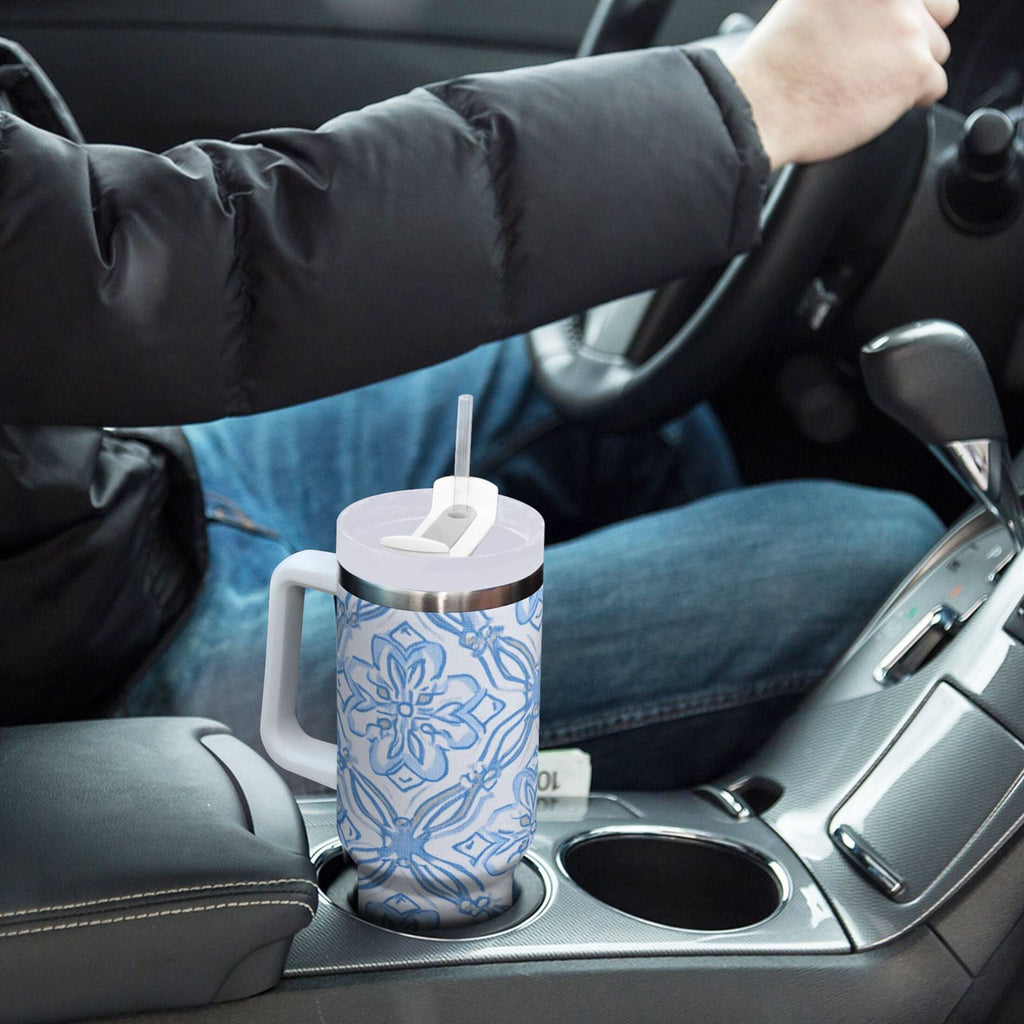 30 oz Insulated Stainless Steel Tumbler Double Wall Stainless Steel Tumbler with 2-Way Drinking Blue Elegant Geometric Design JKL5