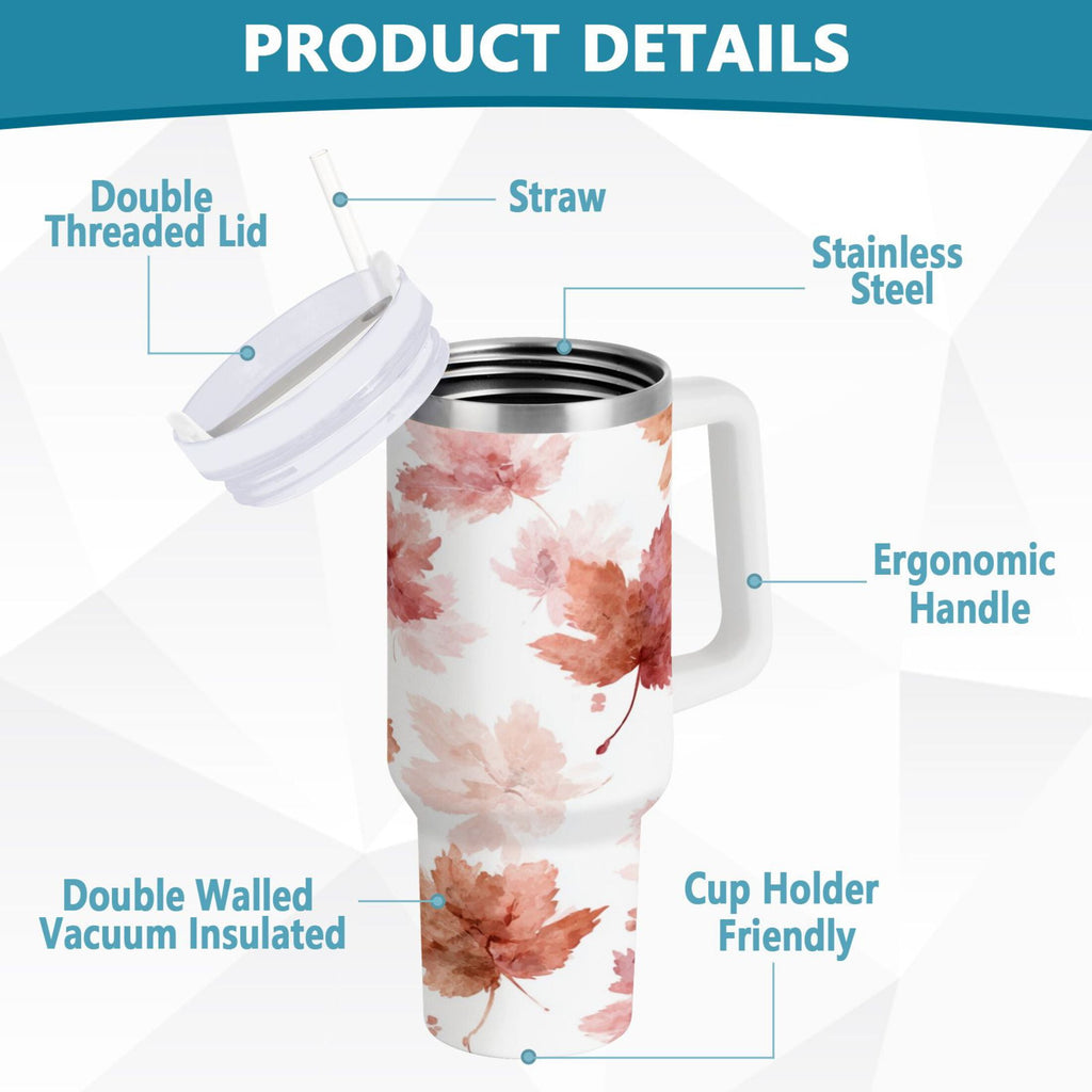 30 oz Insulated Stainless Steel Tumbler Double Wall Stainless Steel Tumbler with 2-Way Drinking Watercolor Pink Maple Leaves TYOR