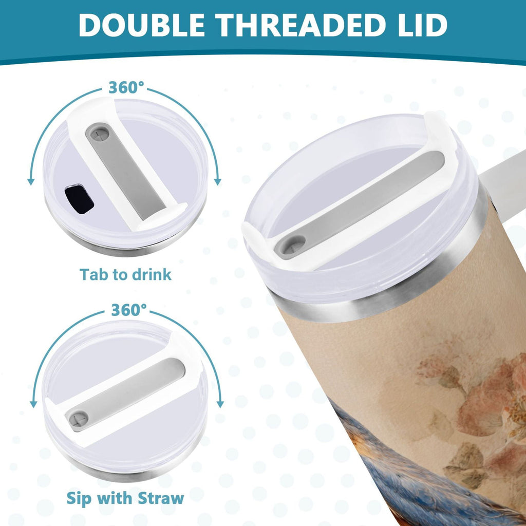 40 oz Insulated Stainless Steel Tumbler Double Wall Stainless Steel Tumbler with 2-Way Drinking Bluebird and Ancient Flowers ISGB