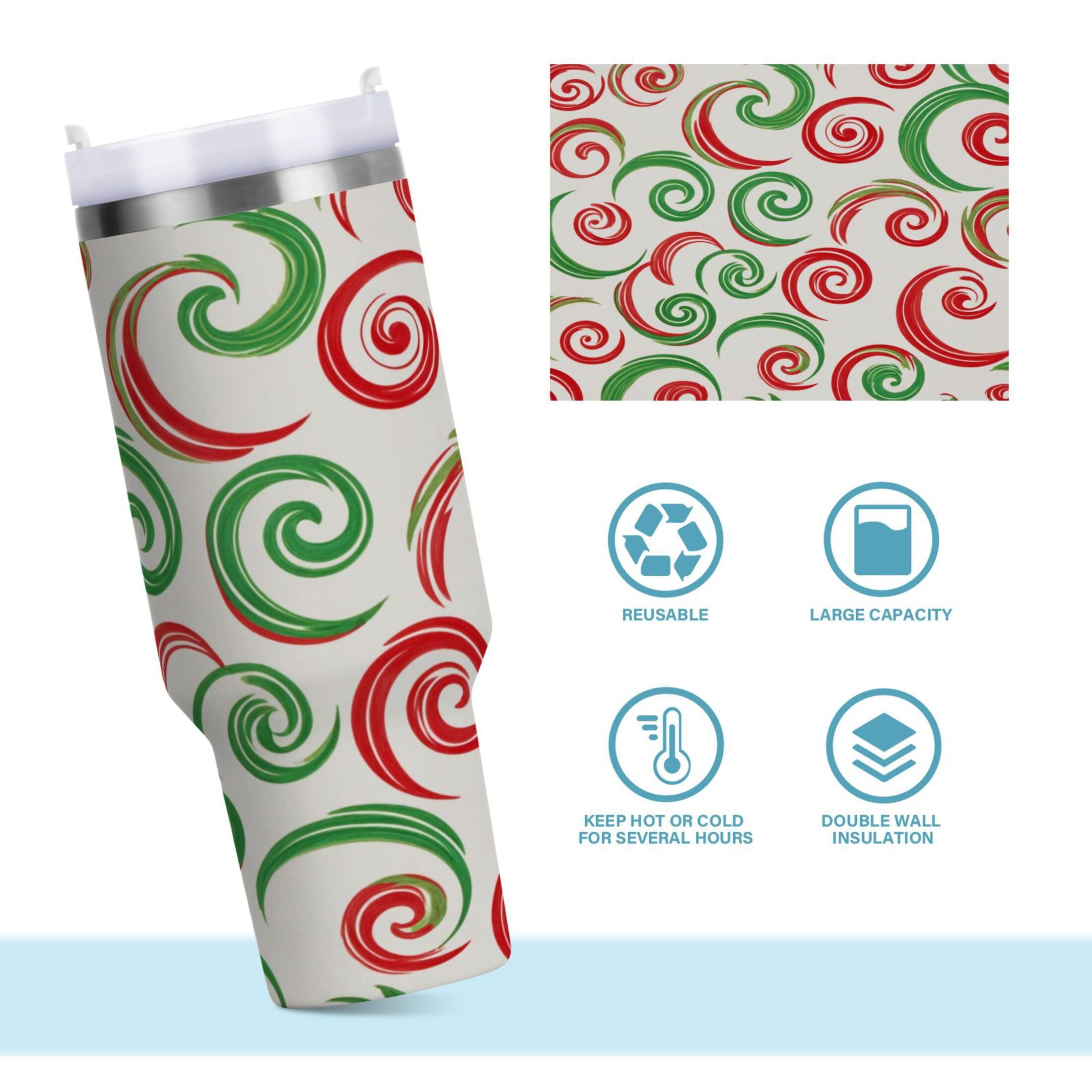 40 oz Insulated Stainless Steel Tumbler Double Wall Stainless Steel Tumbler with 2-Way Drinking Red and Green Swirls JRHA