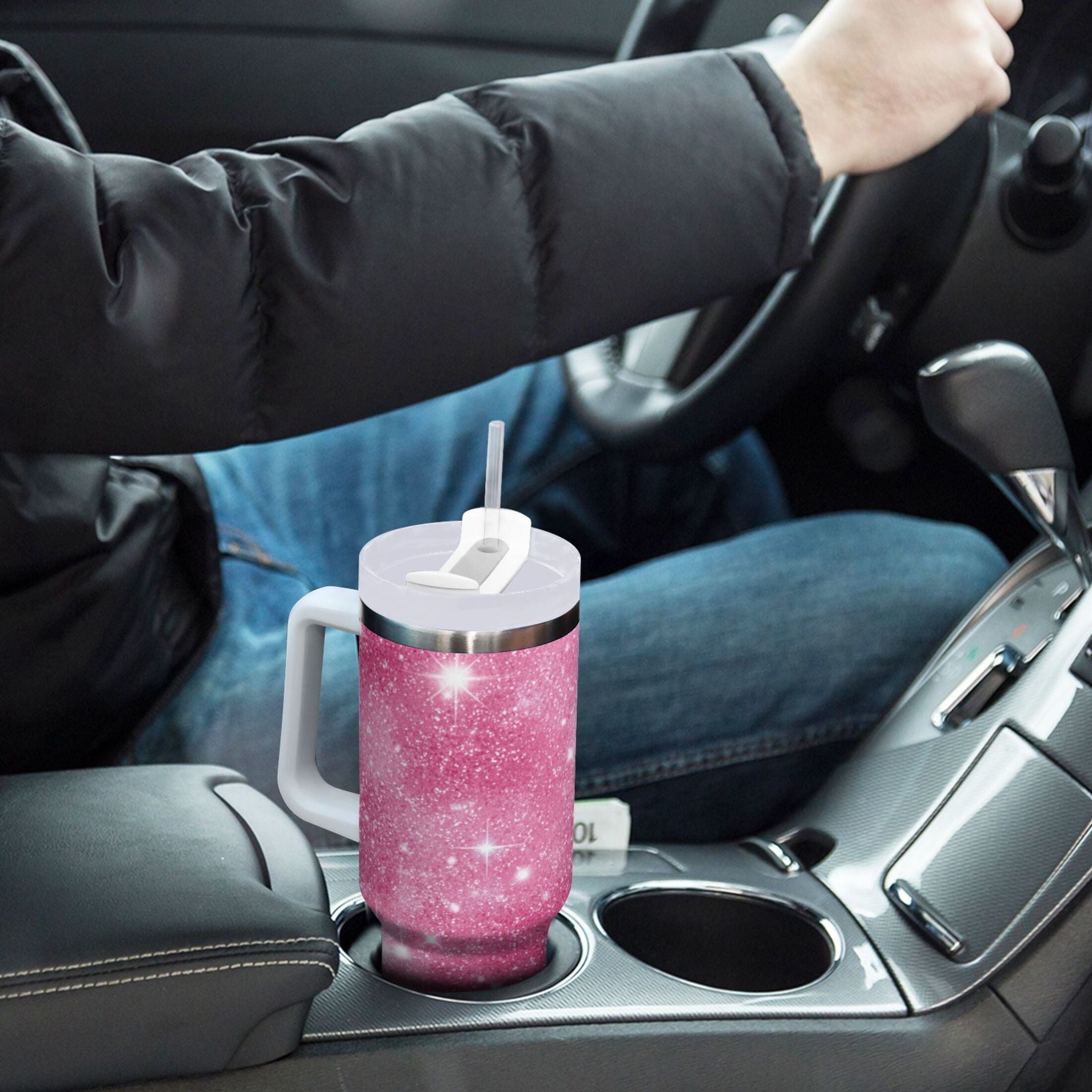 40 oz Insulated Stainless Steel Tumbler Double Wall Stainless Steel Tumbler with 2-Way Drinking Pink Glitter Background UDIR