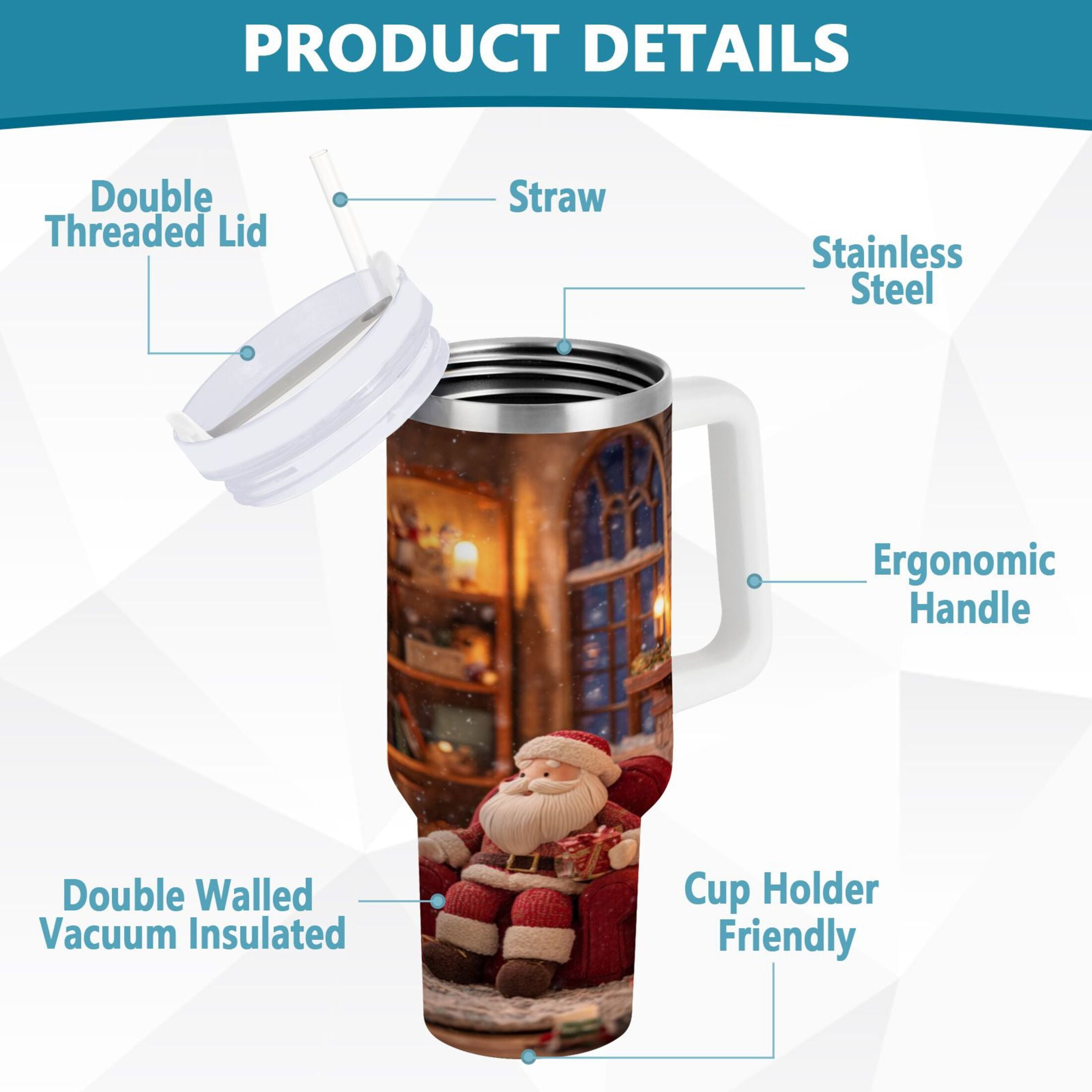 40 oz Insulated Stainless Steel Tumbler Double Wall Stainless Steel Tumbler with 2-Way Drinking Sitting Santa Claus NCAM