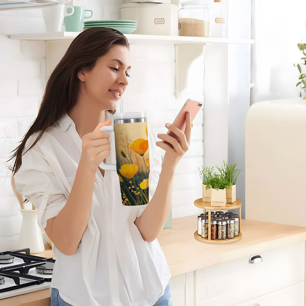 30 oz Insulated Stainless Steel Tumbler Double Wall Stainless Steel Tumbler with 2-Way Drinking Yellow Flowers on The Grass MRP1