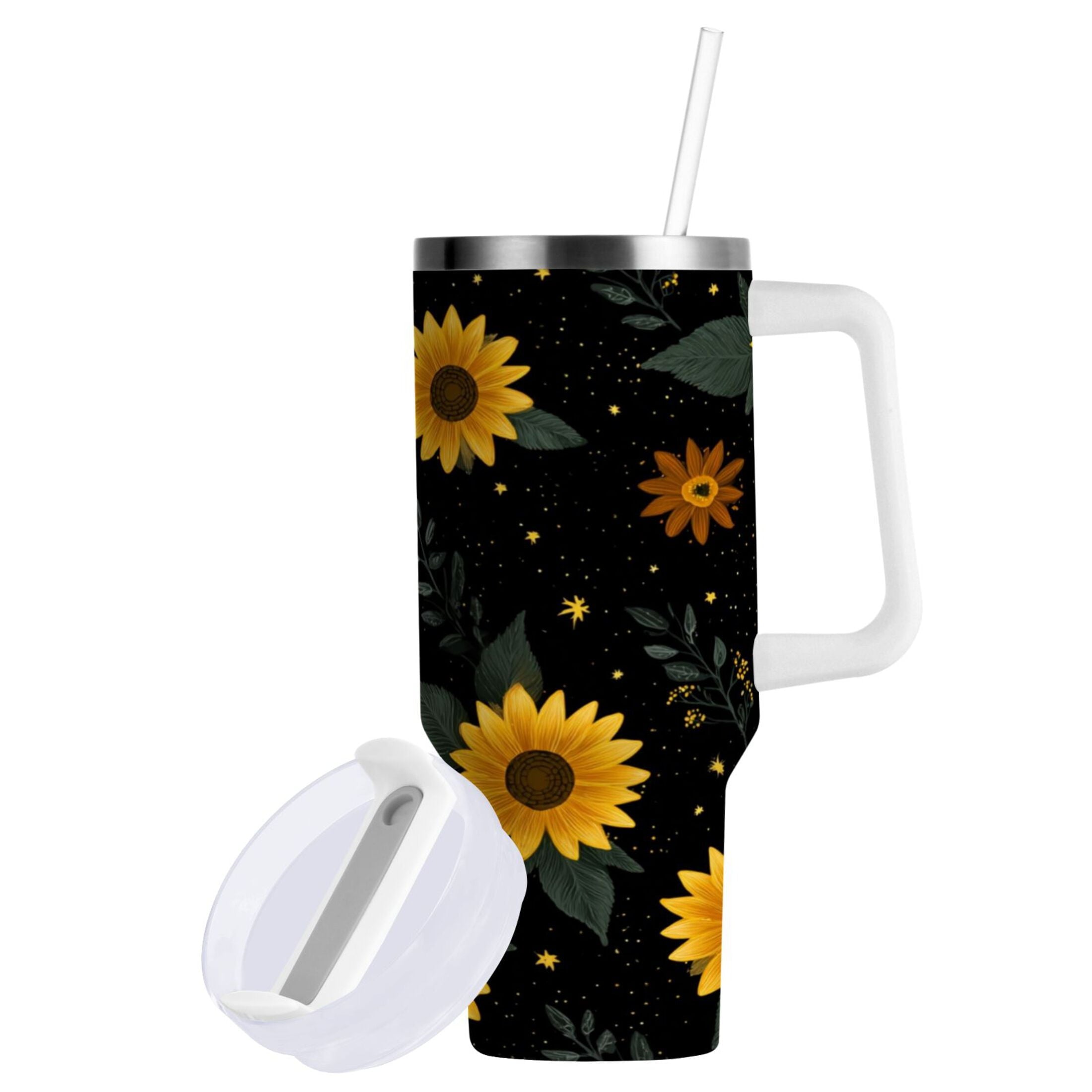 30 oz Insulated Stainless Steel Tumbler Double Wall Stainless Steel Tumbler with 2-Way Drinking Yellow Sunflower Pattern 0C16