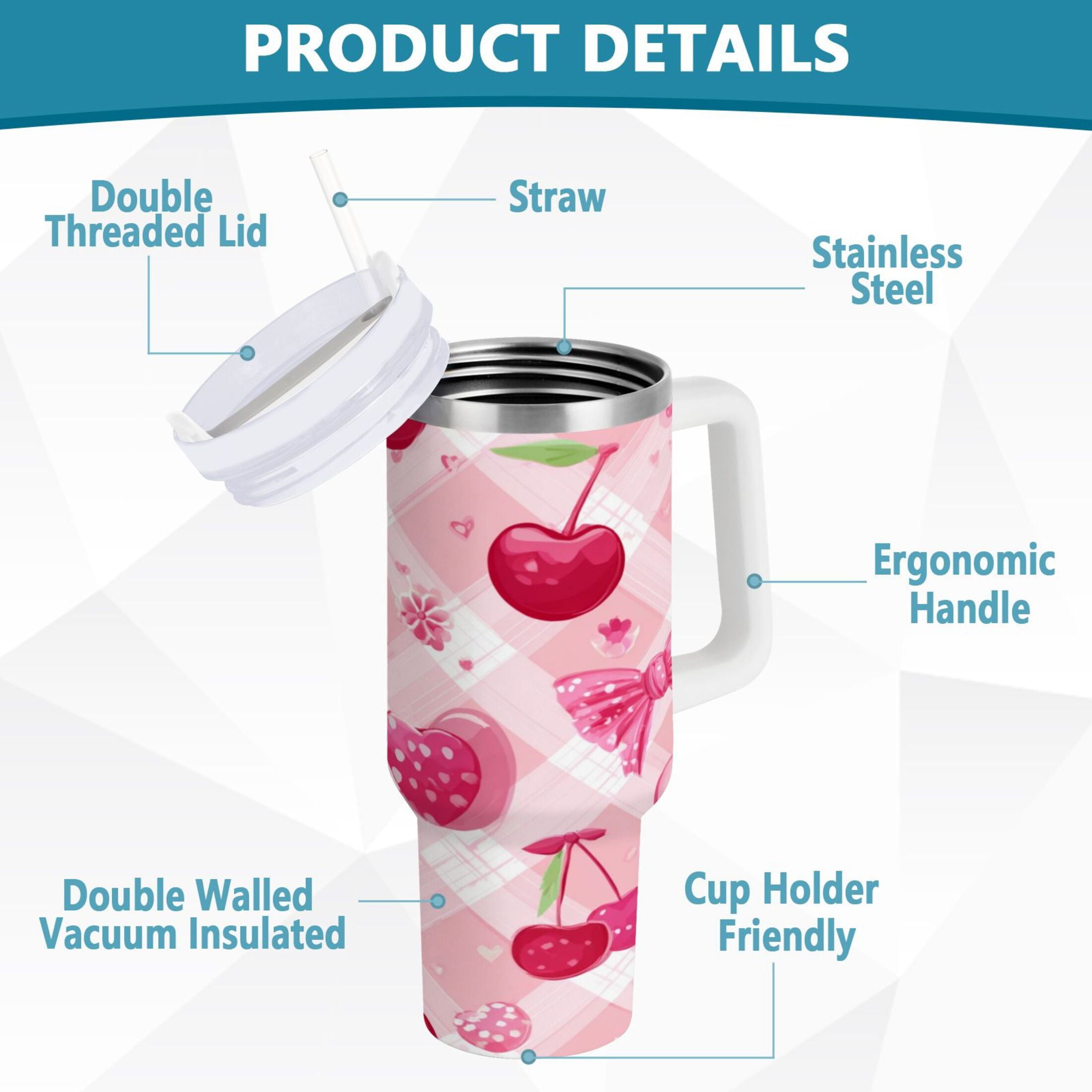 30 oz Insulated Stainless Steel Tumbler Double Wall Stainless Steel Tumbler with 2-Way Drinking Cherry and Pink Bow Pattern N7YV