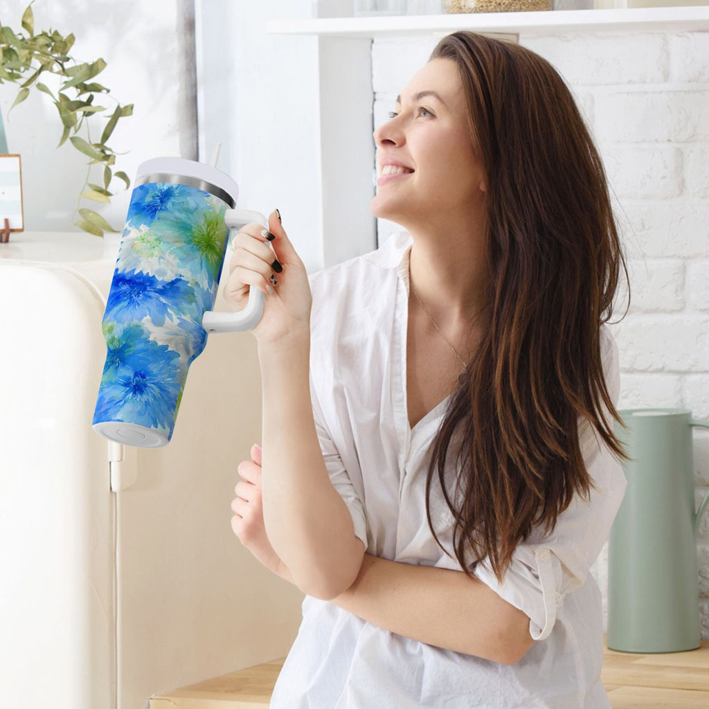 40 oz Insulated Stainless Steel Tumbler Double Wall Stainless Steel Tumbler with 2-Way Drinking Watercolor Blue Cornflowers D90W