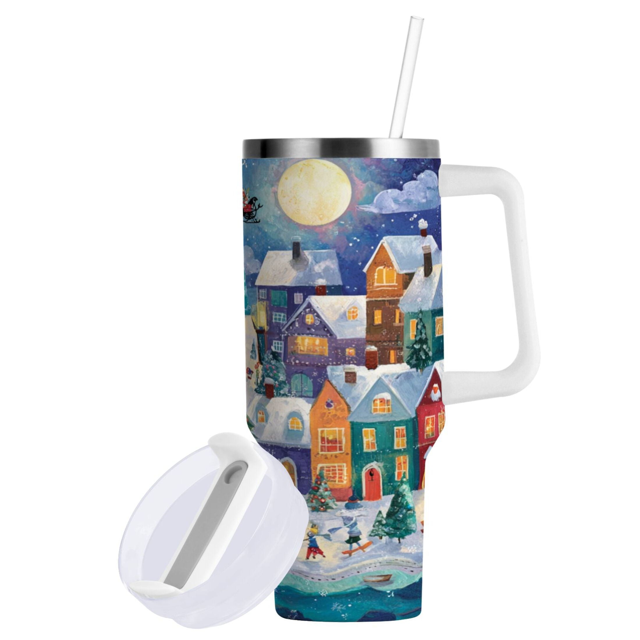 30 oz Insulated Stainless Steel Tumbler Double Wall Stainless Steel Tumbler with 2-Way Drinking Charming Christmas Scene TD3G