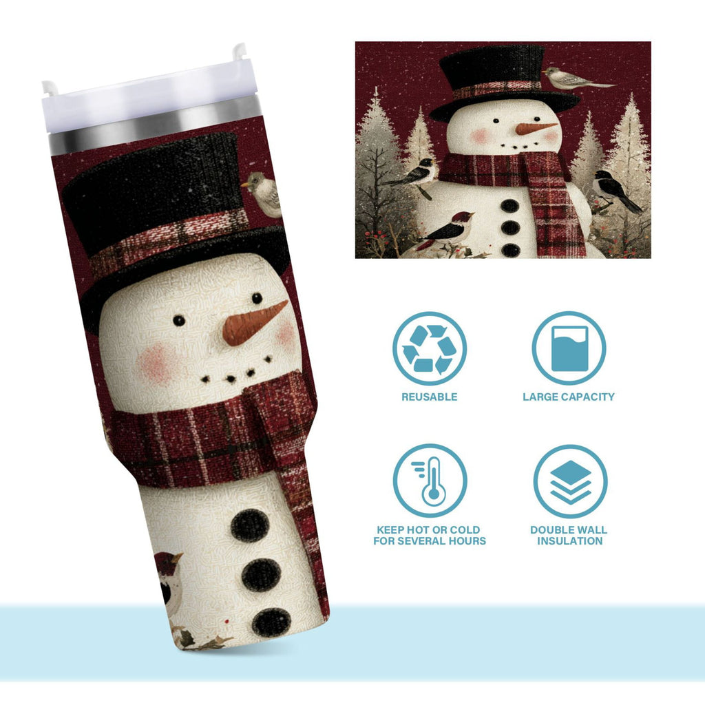 30 oz Insulated Stainless Steel Tumbler Double Wall Stainless Steel Tumbler with 2-Way Drinking Snowman and Birds IWE5