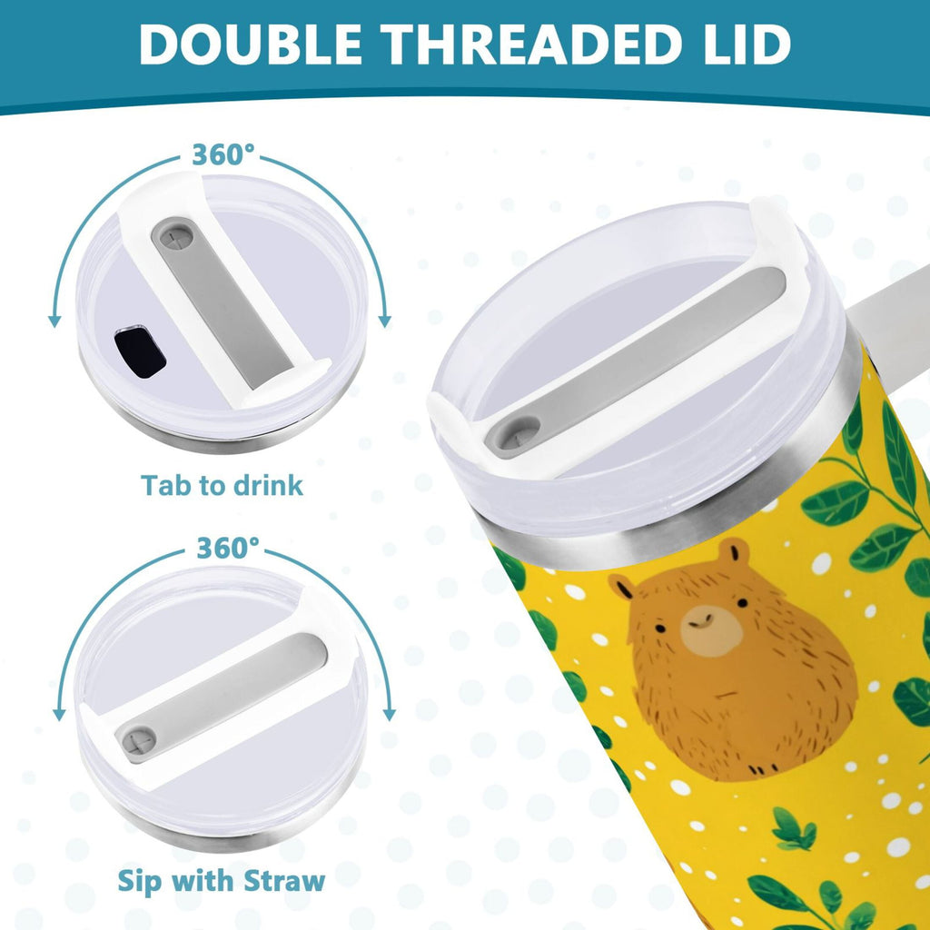 30 oz Insulated Stainless Steel Tumbler Double Wall Stainless Steel Tumbler with 2-Way Drinking Capybara and Green Leaves 35Y9