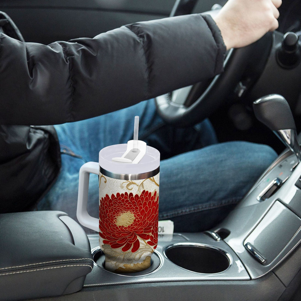 30 oz Insulated Stainless Steel Tumbler Double Wall Stainless Steel Tumbler with 2-Way Drinking Red Chrysanthemum Pattern 234D