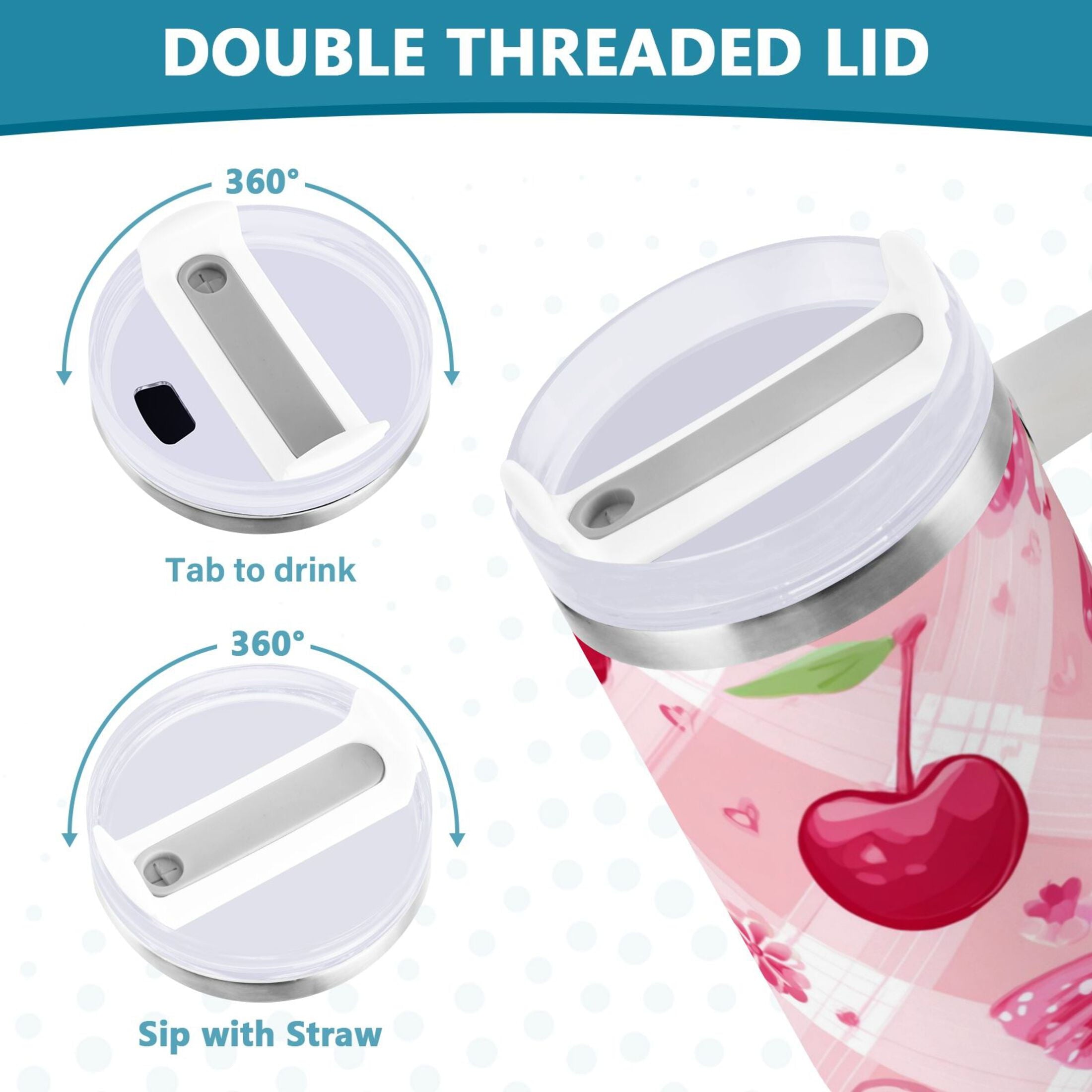 30 oz Insulated Stainless Steel Tumbler Double Wall Stainless Steel Tumbler with 2-Way Drinking Cherry and Pink Bow Pattern N7YV