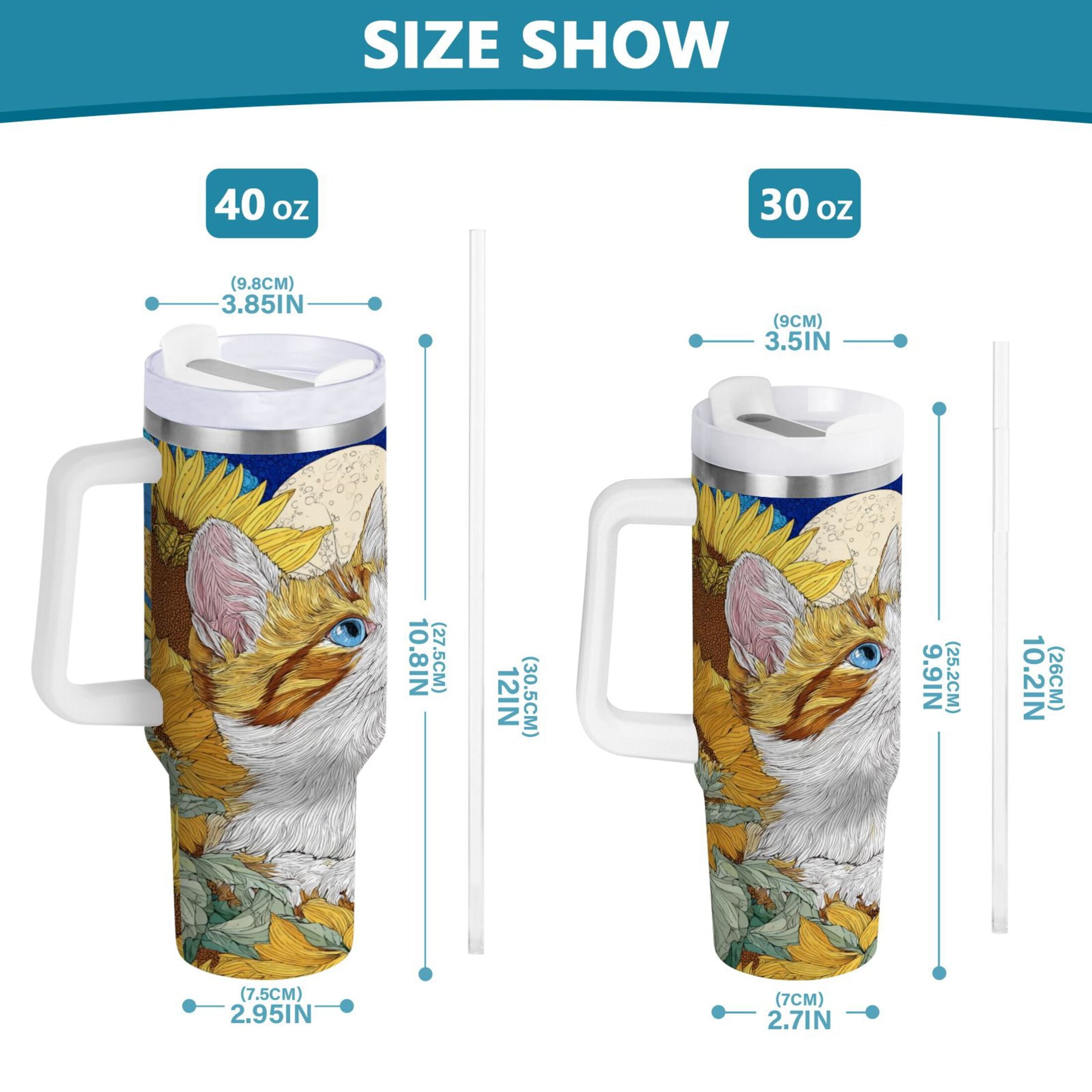 40 oz Insulated Stainless Steel Tumbler Double Wall Stainless Steel Tumbler with 2-Way Drinking Cat Lies in The Sunflowers J4EV