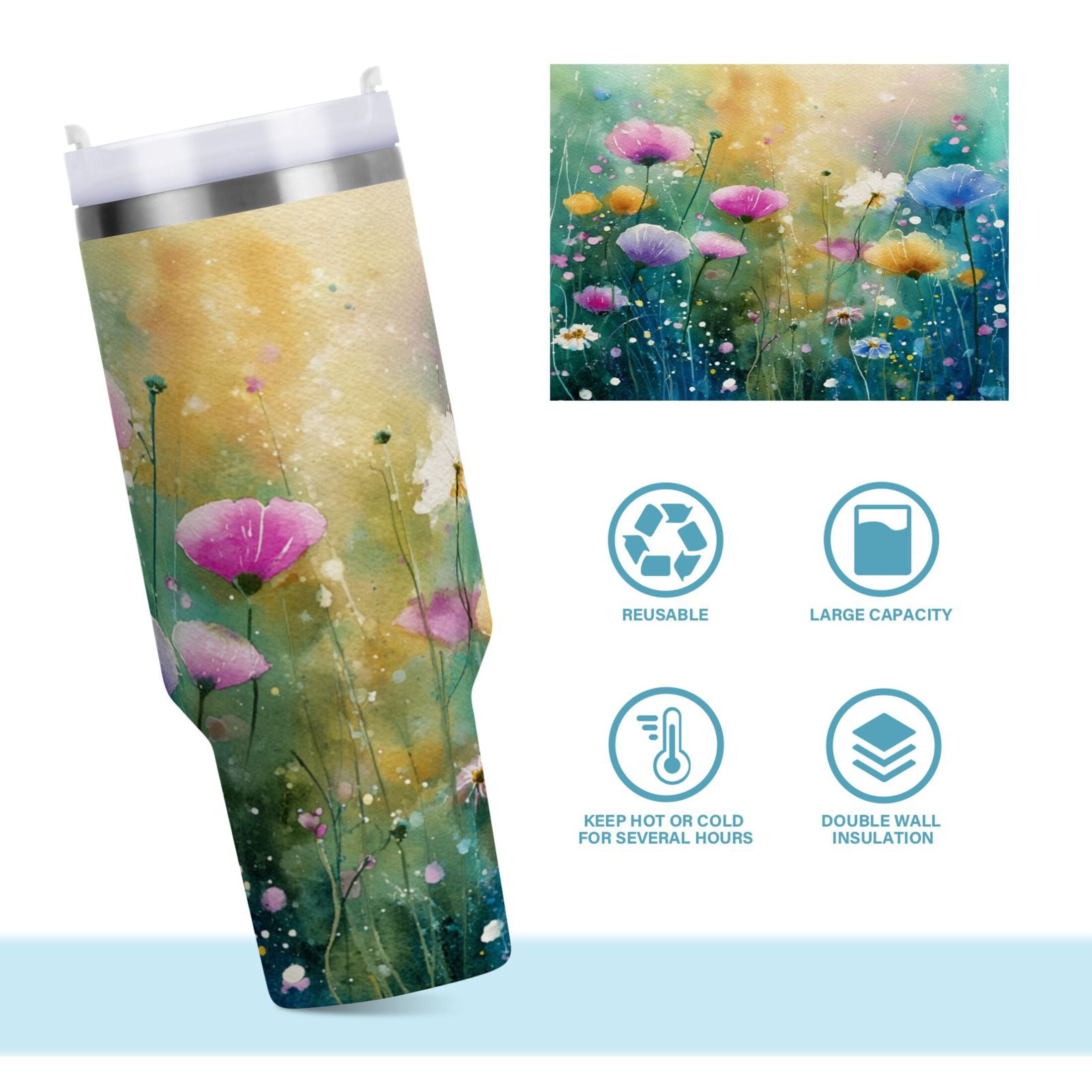 30 oz Insulated Stainless Steel Tumbler Double Wall Stainless Steel Tumbler with 2-Way Drinking Watercolor Wildflowers RLHN