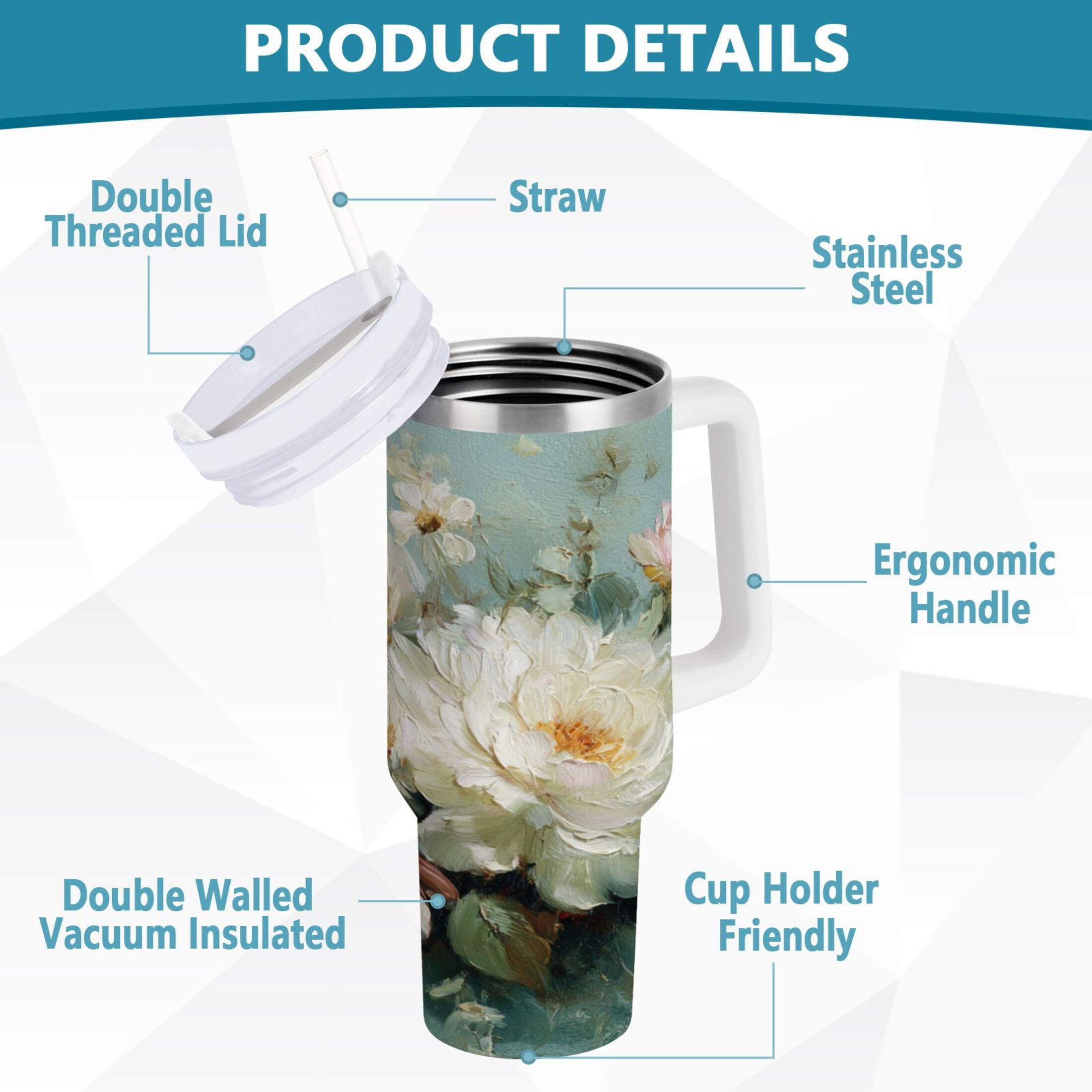 40 oz Insulated Stainless Steel Tumbler Double Wall Stainless Steel Tumbler with 2-Way Drinking Vintage Peonies and Daisies 037B