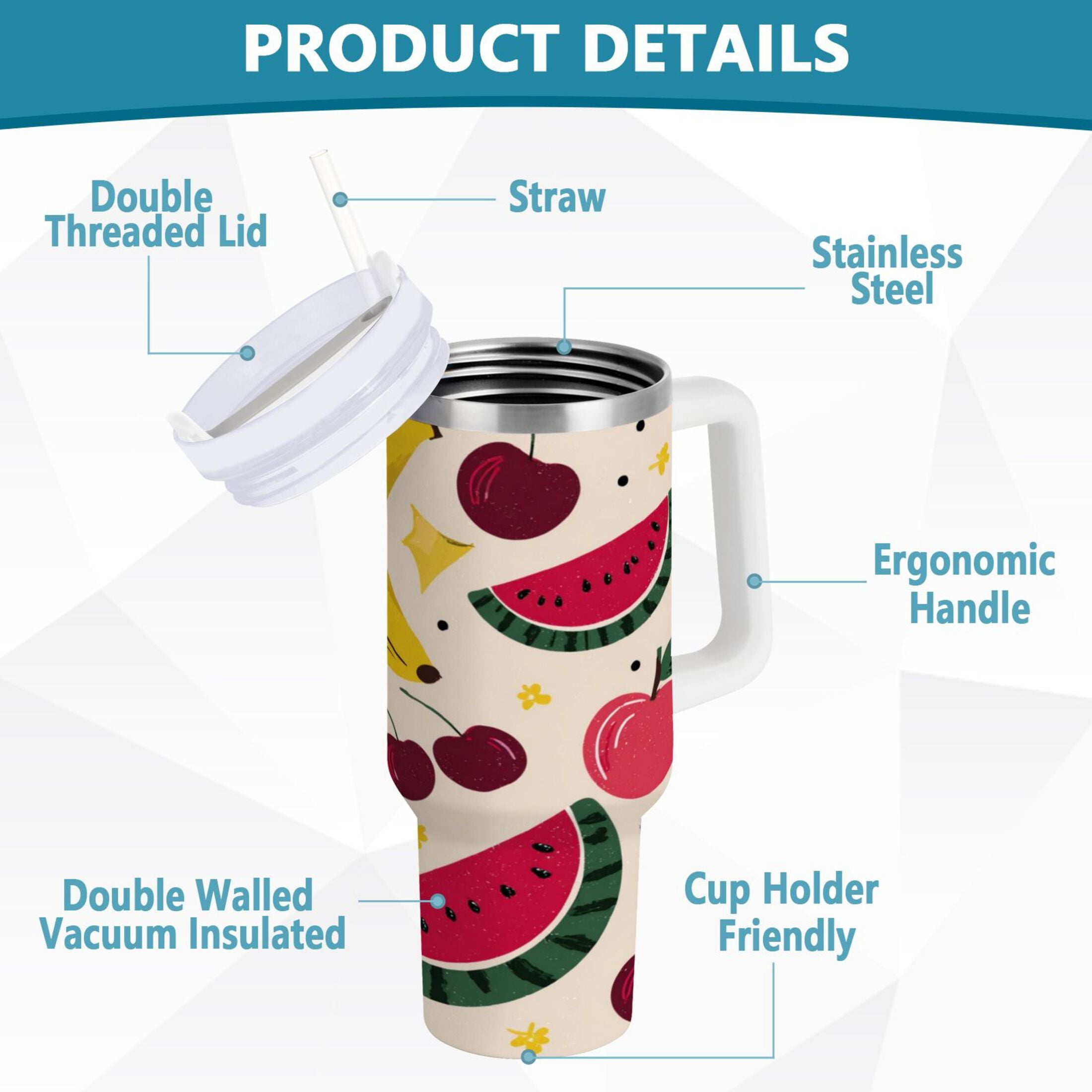 30 oz Insulated Stainless Steel Tumbler Double Wall Stainless Steel Tumbler with 2-Way Drinking Watermelon and Cherries WXK2