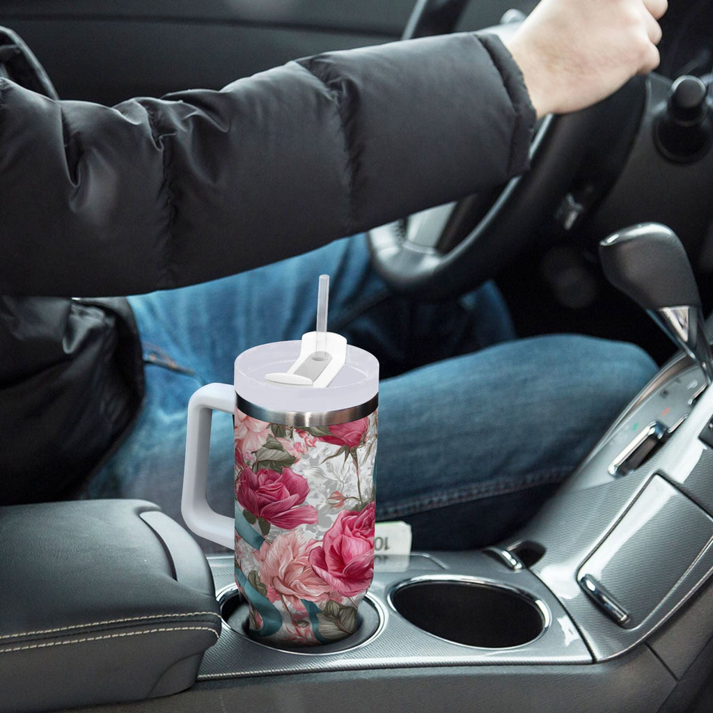 30 oz Insulated Stainless Steel Tumbler Double Wall Stainless Steel Tumbler with 2-Way Drinking Roses and Ribbons HK6M