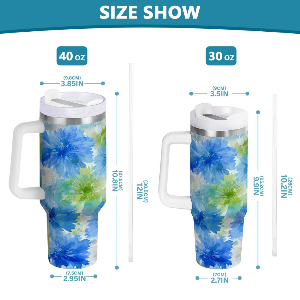 40 oz Insulated Stainless Steel Tumbler Double Wall Stainless Steel Tumbler with 2-Way Drinking Watercolor Blue Cornflowers D90W