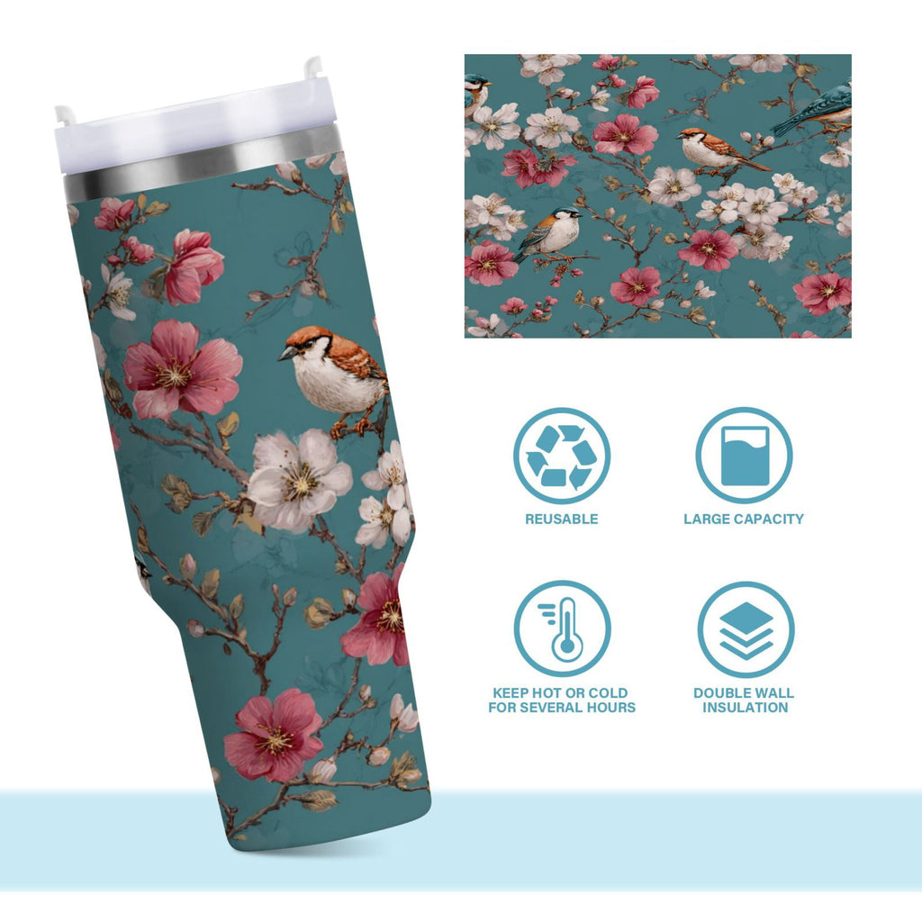 30 oz Insulated Stainless Steel Tumbler Double Wall Stainless Steel Tumbler with 2-Way Drinking Birds and Cherry Pattern TNXK