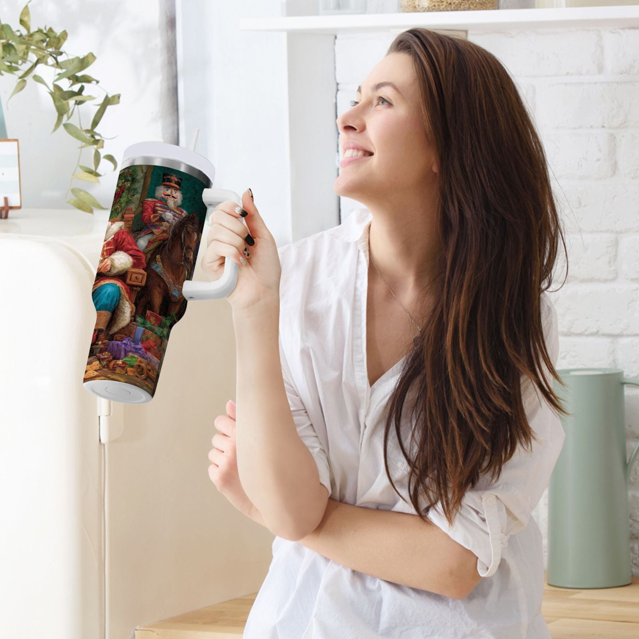 40 oz Insulated Stainless Steel Tumbler Double Wall Stainless Steel Tumbler with 2-Way Drinking Santa Eating Cookies 2Y5Z