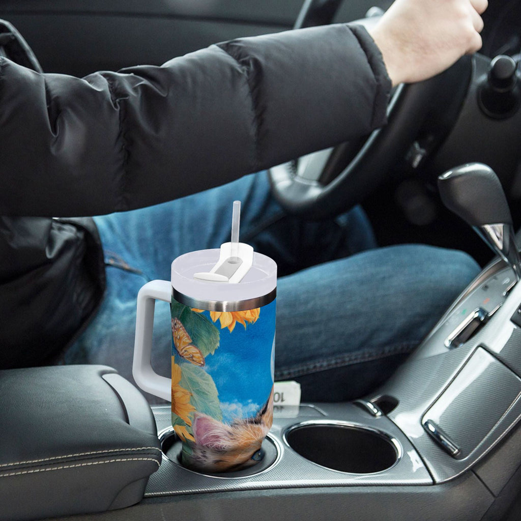 40 oz Insulated Stainless Steel Tumbler Double Wall Stainless Steel Tumbler with 2-Way Drinking Playful Cat Lying Sunflowers NCK5