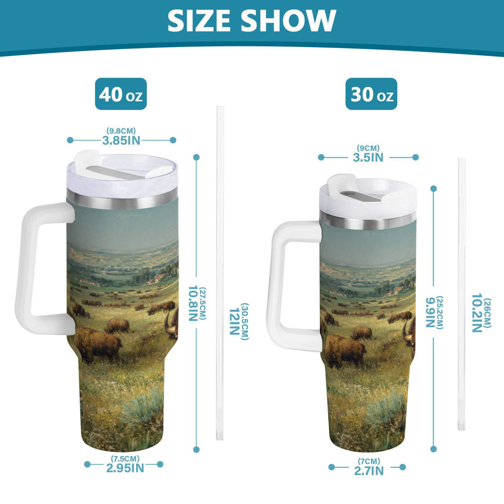 30 oz Insulated Stainless Steel Tumbler Double Wall Stainless Steel Tumbler with 2-Way Drinking Buffalo Herd Oil Painting 0OD7