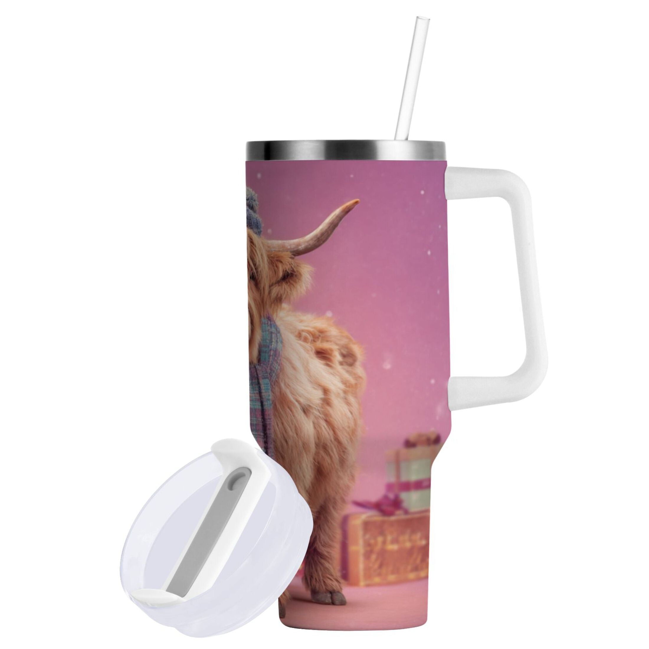 30 oz Insulated Stainless Steel Tumbler Double Wall Stainless Steel Tumbler with 2-Way Drinking Cow Wearing Christmas 34Q4