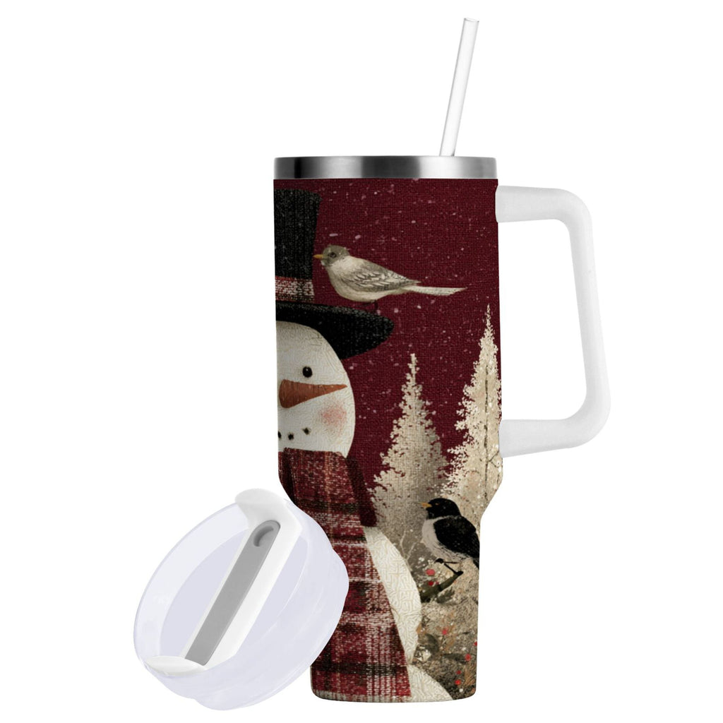30 oz Insulated Stainless Steel Tumbler Double Wall Stainless Steel Tumbler with 2-Way Drinking Snowman and Birds IWE5