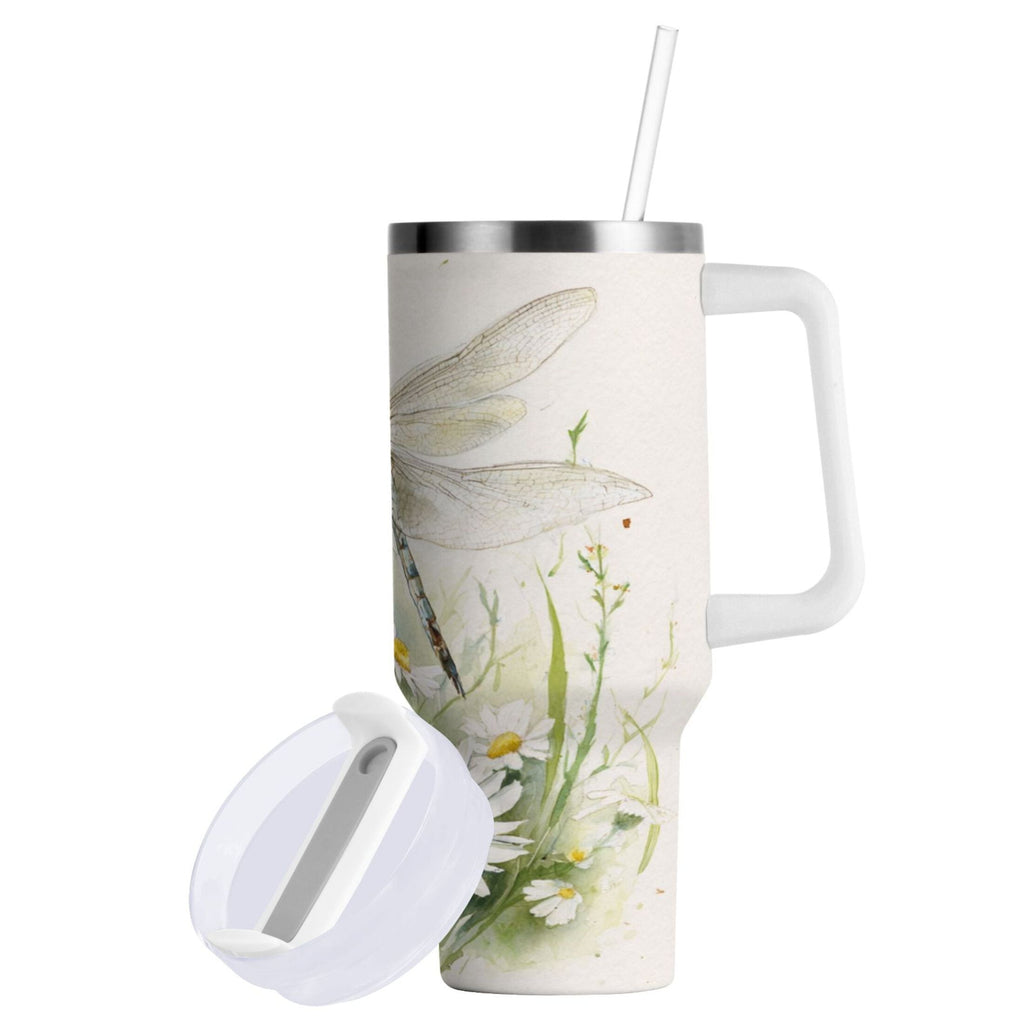 30 oz Insulated Stainless Steel Tumbler Double Wall Stainless Steel Tumbler with 2-Way Drinking Dragonflies with White Daisies RRPZ
