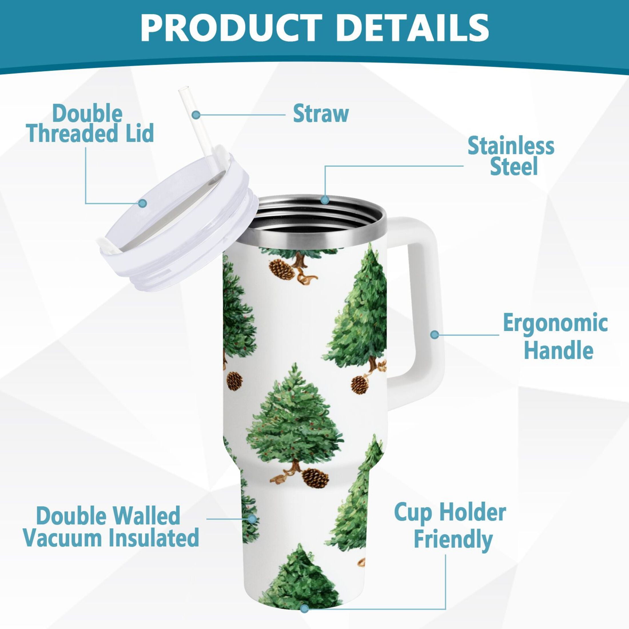 30 oz Insulated Stainless Steel Tumbler Double Wall Stainless Steel Tumbler with 2-Way Drinking Watercolor Green Christmas Tree 7MHU