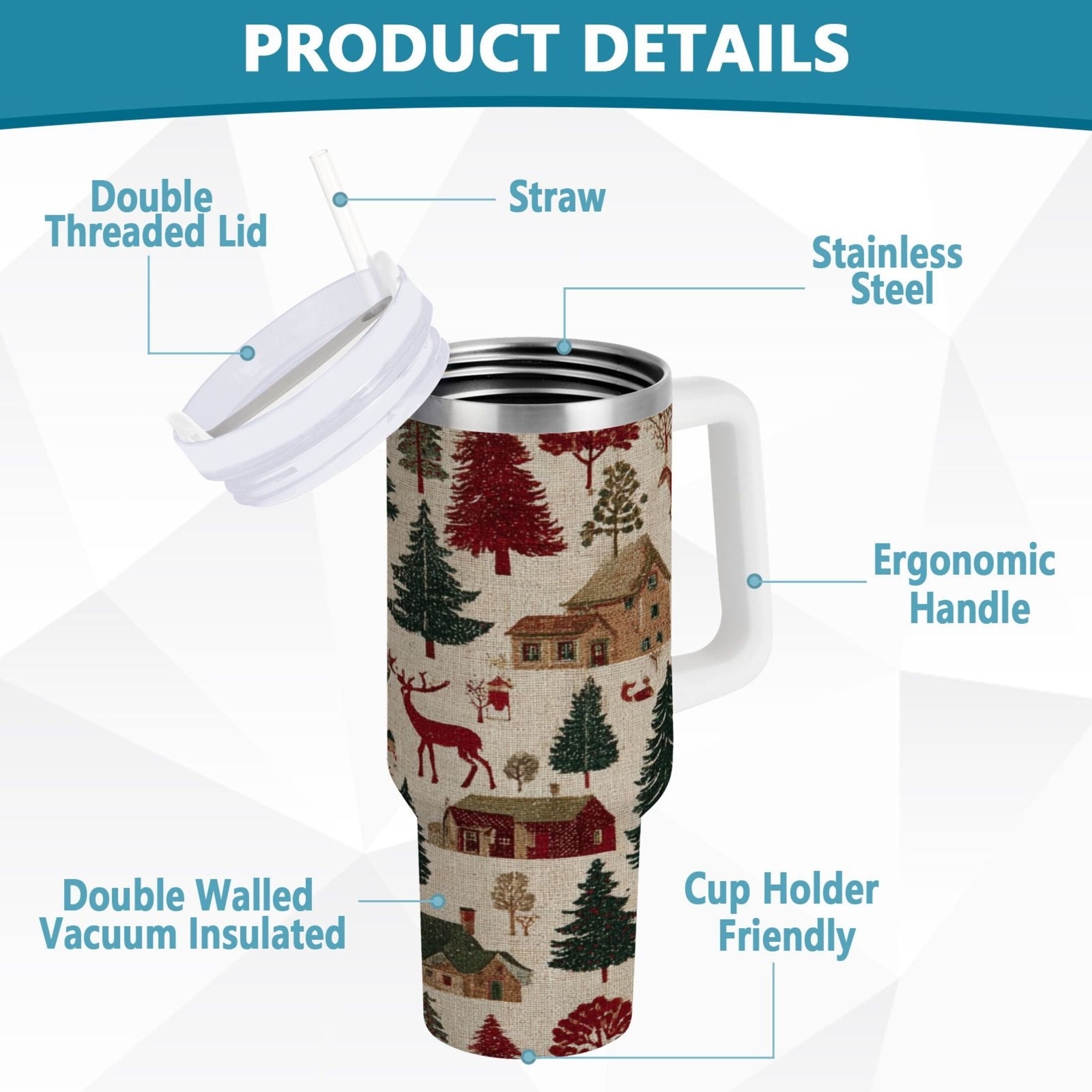30 oz Insulated Stainless Steel Tumbler Double Wall Stainless Steel Tumbler with 2-Way Drinking Christmas Trees Deer and Houses 6U28