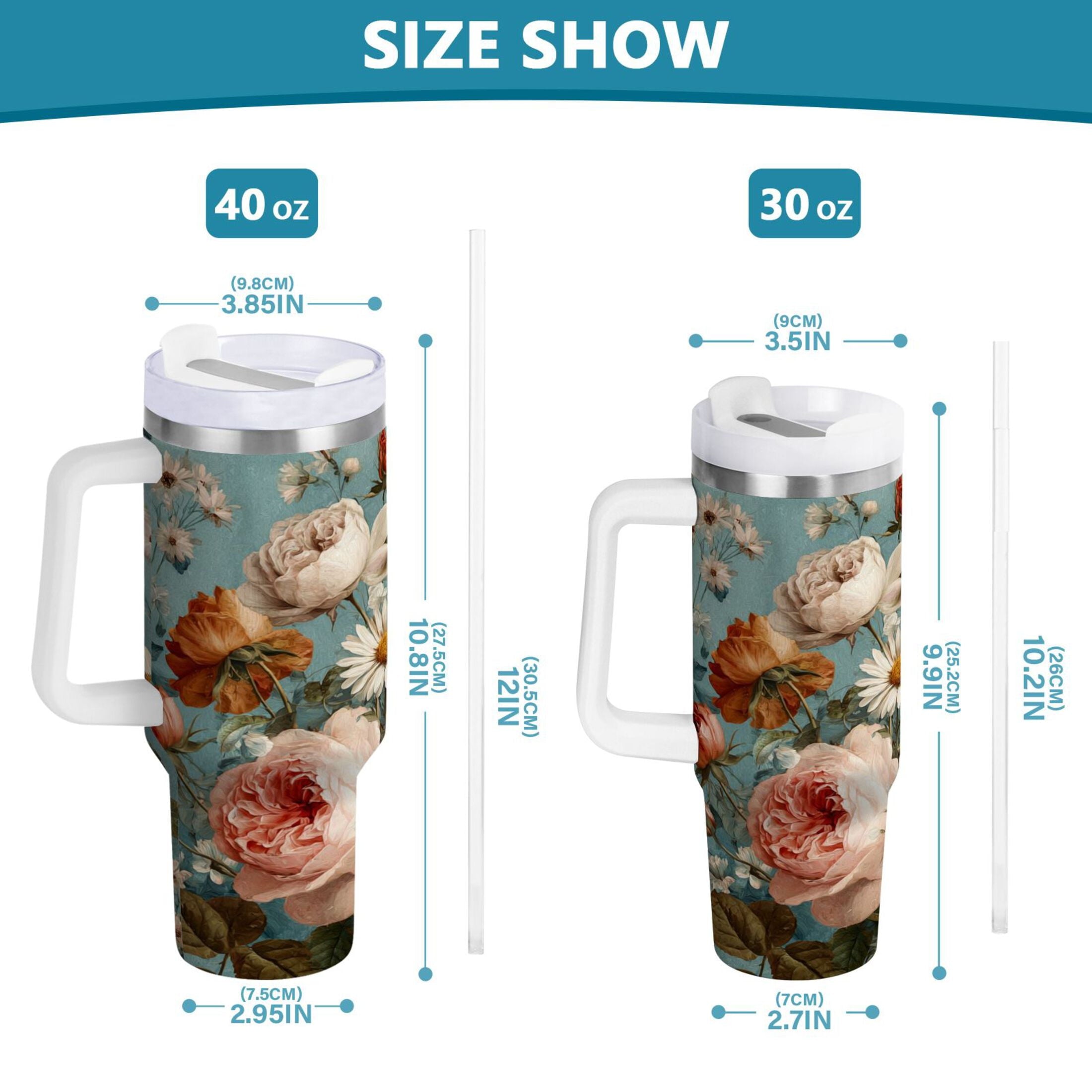 30 oz Insulated Stainless Steel Tumbler Double Wall Stainless Steel Tumbler with 2-Way Drinking Vintage Roses and Peonies 0GSB