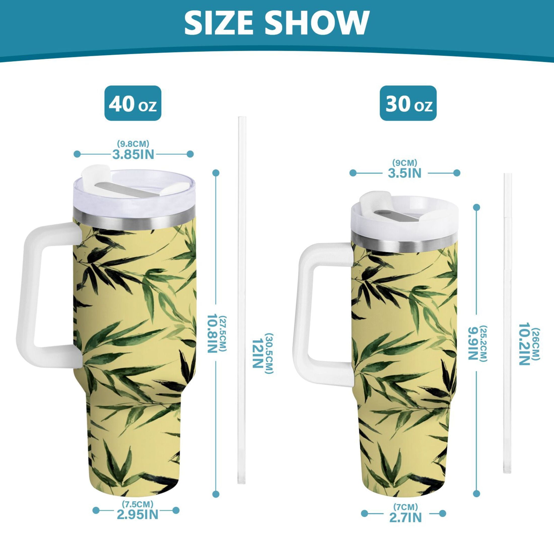 30 oz Insulated Stainless Steel Tumbler Double Wall Stainless Steel Tumbler with 2-Way Drinking Bamboo and Green Leaves 1GIA
