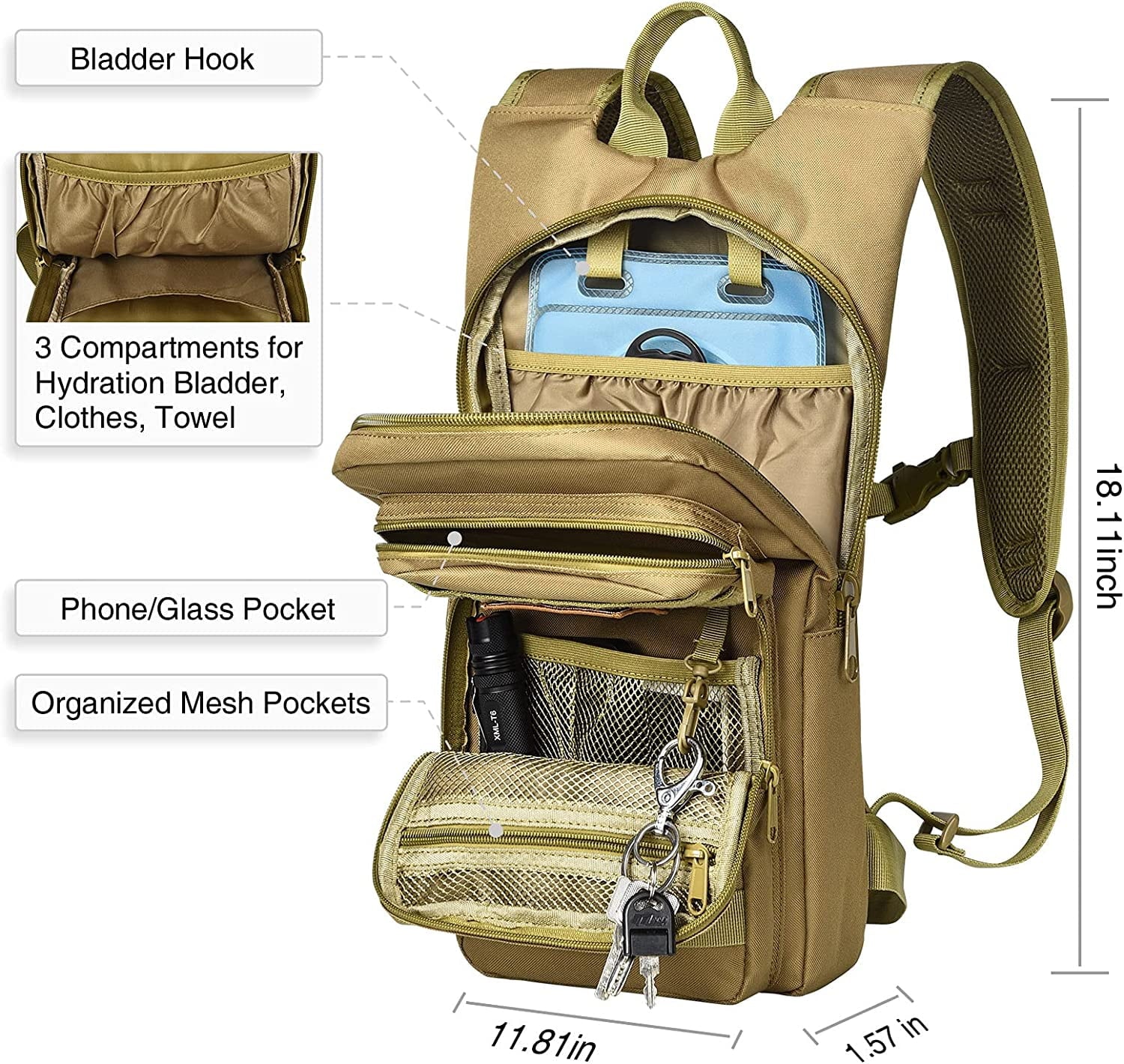 Brightify 17L Hydration Backpack with 3L TPU Water Bladder, Camel Backpack Hydration Pack for Hiking Hunting Climbing Cycling Biking Running, Molle Compatible Water Backpack for Men Women, Black 5JEA