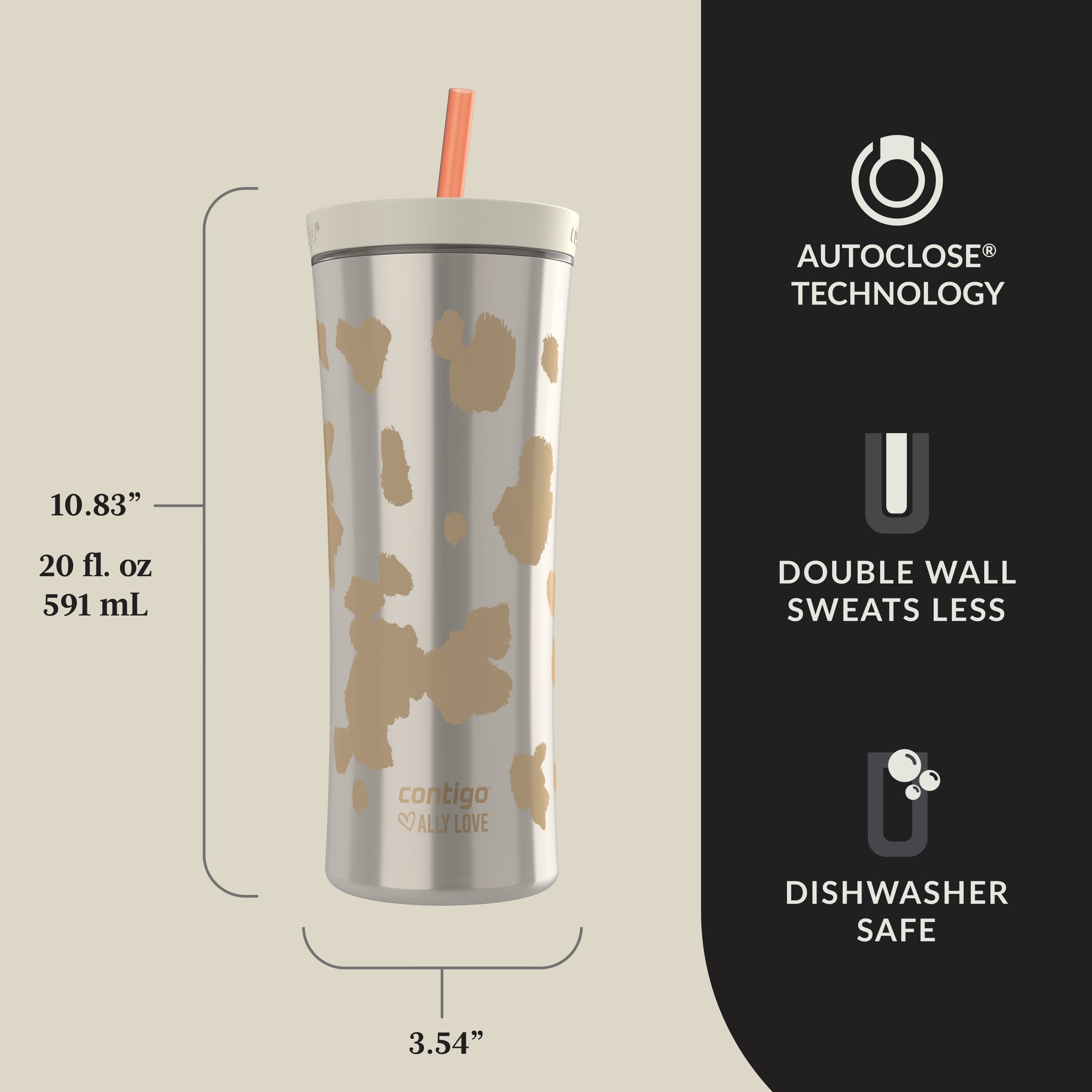 Contigo 20oz Shake &amp; Go Tumbler, Plastic with Straw, Oatmilk Cowhide Couture Y7NY