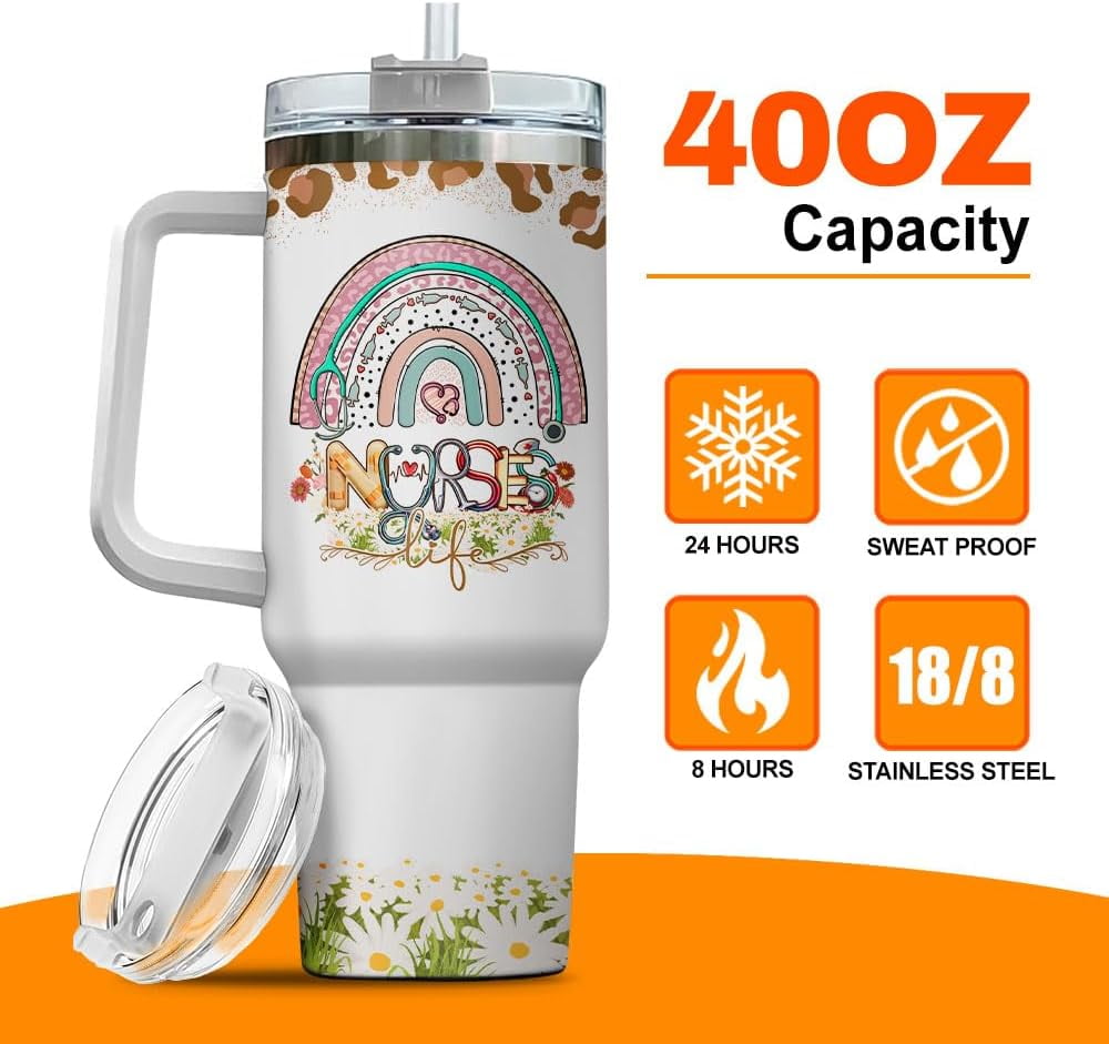 Tumbler 40 Oz With Handle Lid And Straw, Nurse Gifts, Black Camo White Engraved Print Travel Nurses Tumblers Handle Funny Cups Nursing For, Great Nurse Rainbow Daisy Flower FV57