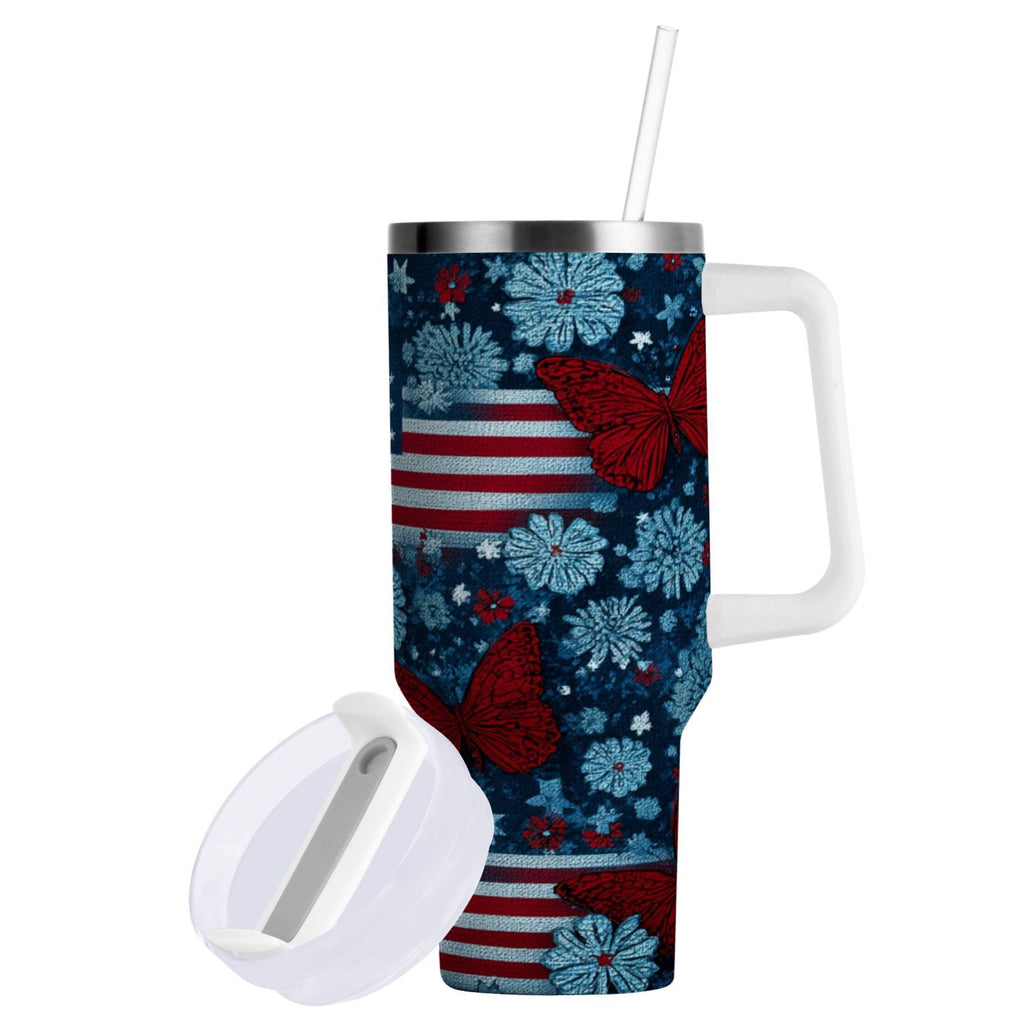 30 oz Insulated Stainless Steel Tumbler Double Wall Stainless Steel Tumbler with 2-Way Drinking Red Butterflies and Flags CB52