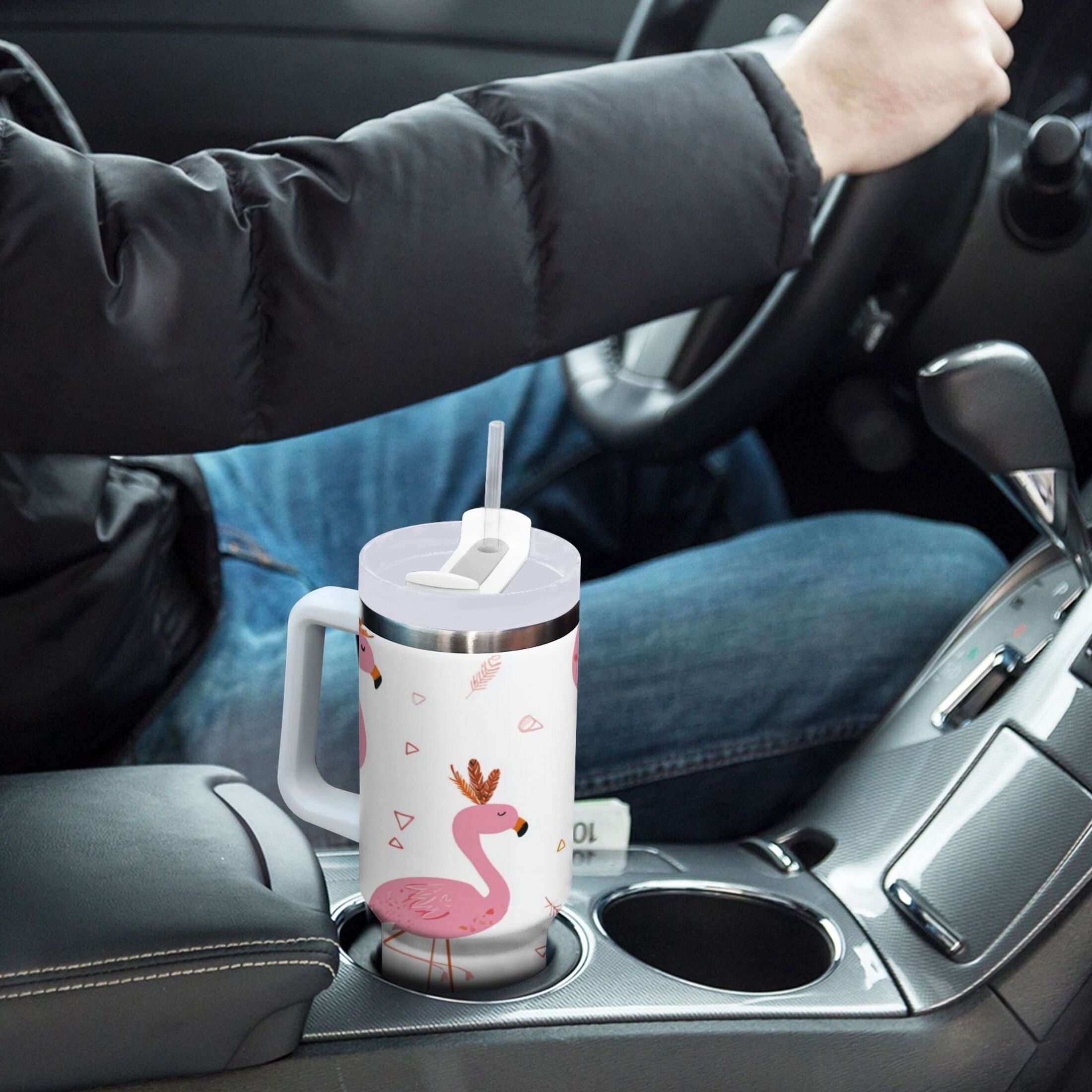 40 oz Insulated Stainless Steel Tumbler Double Wall Stainless Steel Tumbler with 2-Way Drinking Cute Pink Flamingo Pattern C1G1