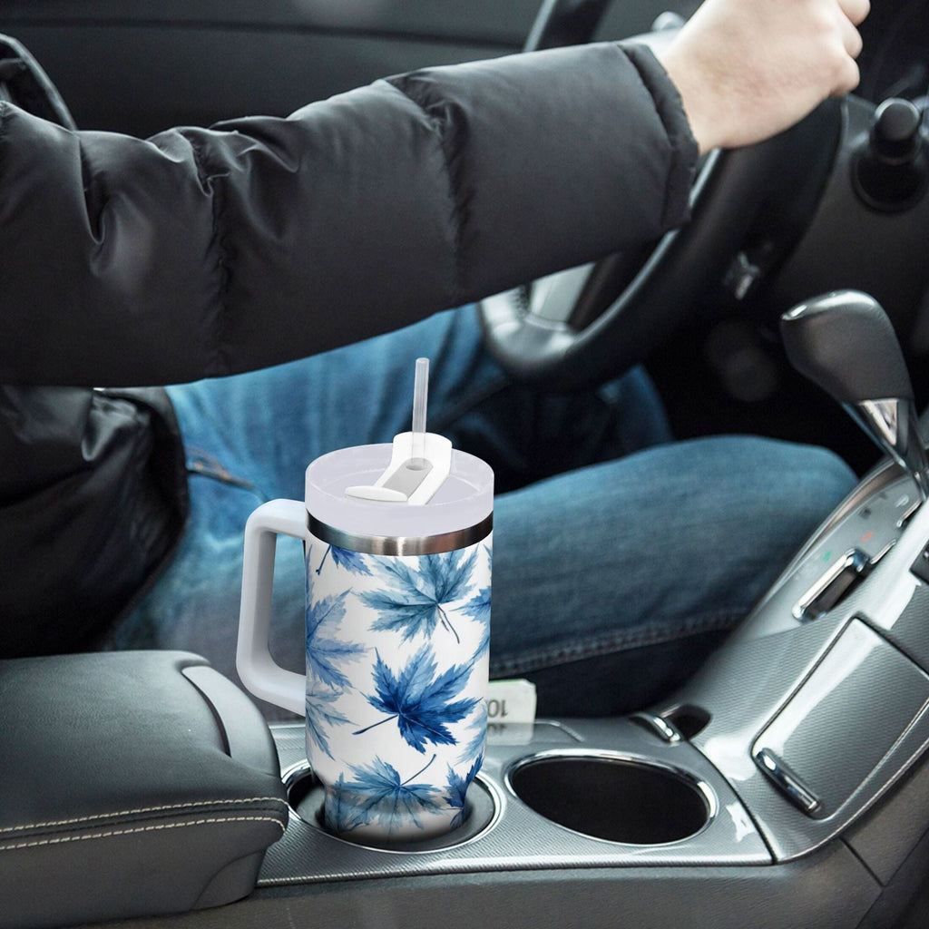 30 oz Insulated Stainless Steel Tumbler Double Wall Stainless Steel Tumbler with 2-Way Drinking Abstract Blue Maple Leaves A3LR