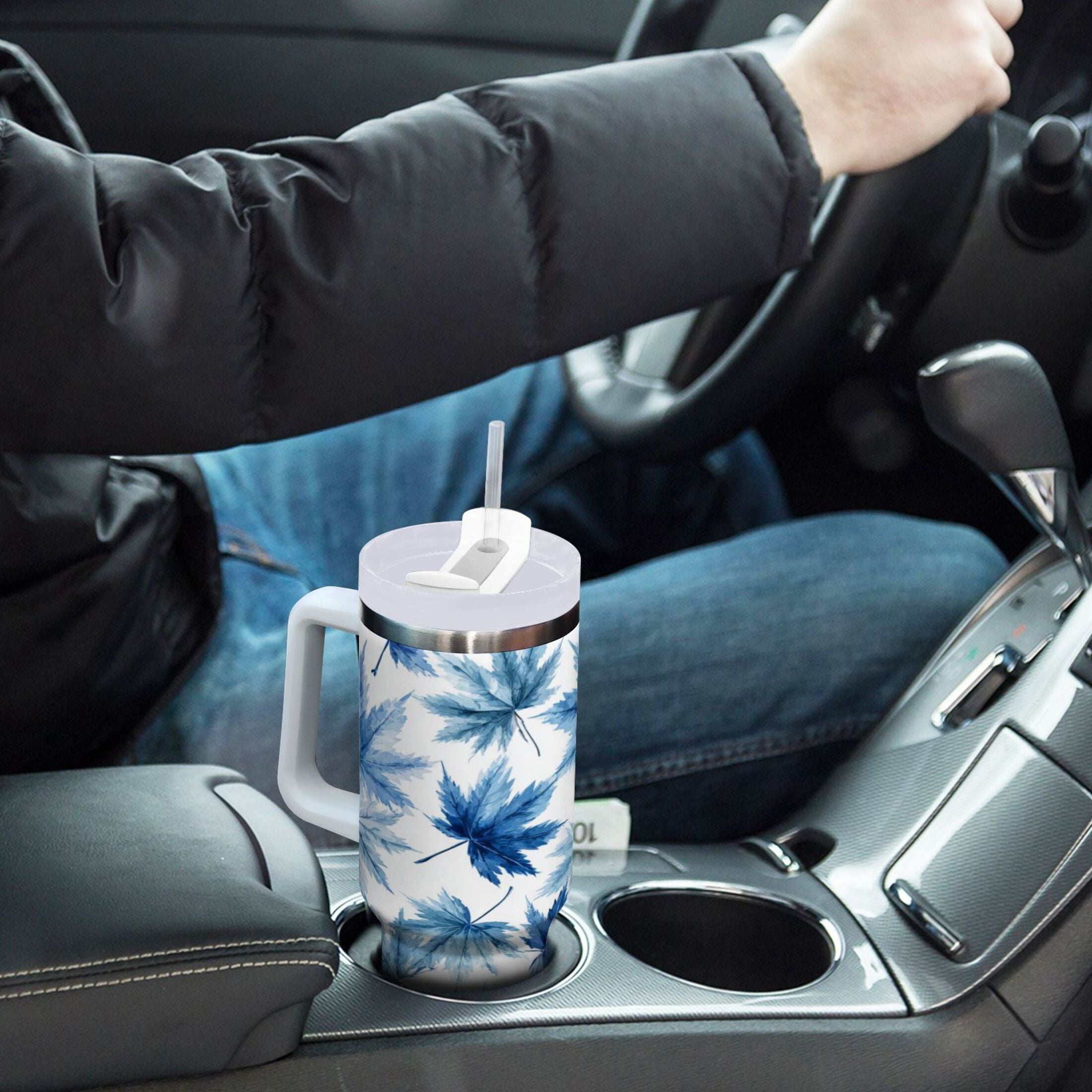 30 oz Insulated Stainless Steel Tumbler Double Wall Stainless Steel Tumbler with 2-Way Drinking Abstract Blue Maple Leaves A3LR