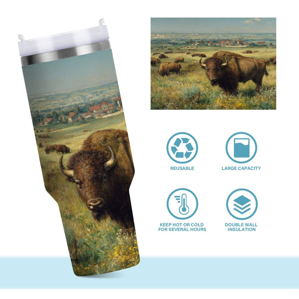 30 oz Insulated Stainless Steel Tumbler Double Wall Stainless Steel Tumbler with 2-Way Drinking Buffalo Herd Oil Painting 0OD7